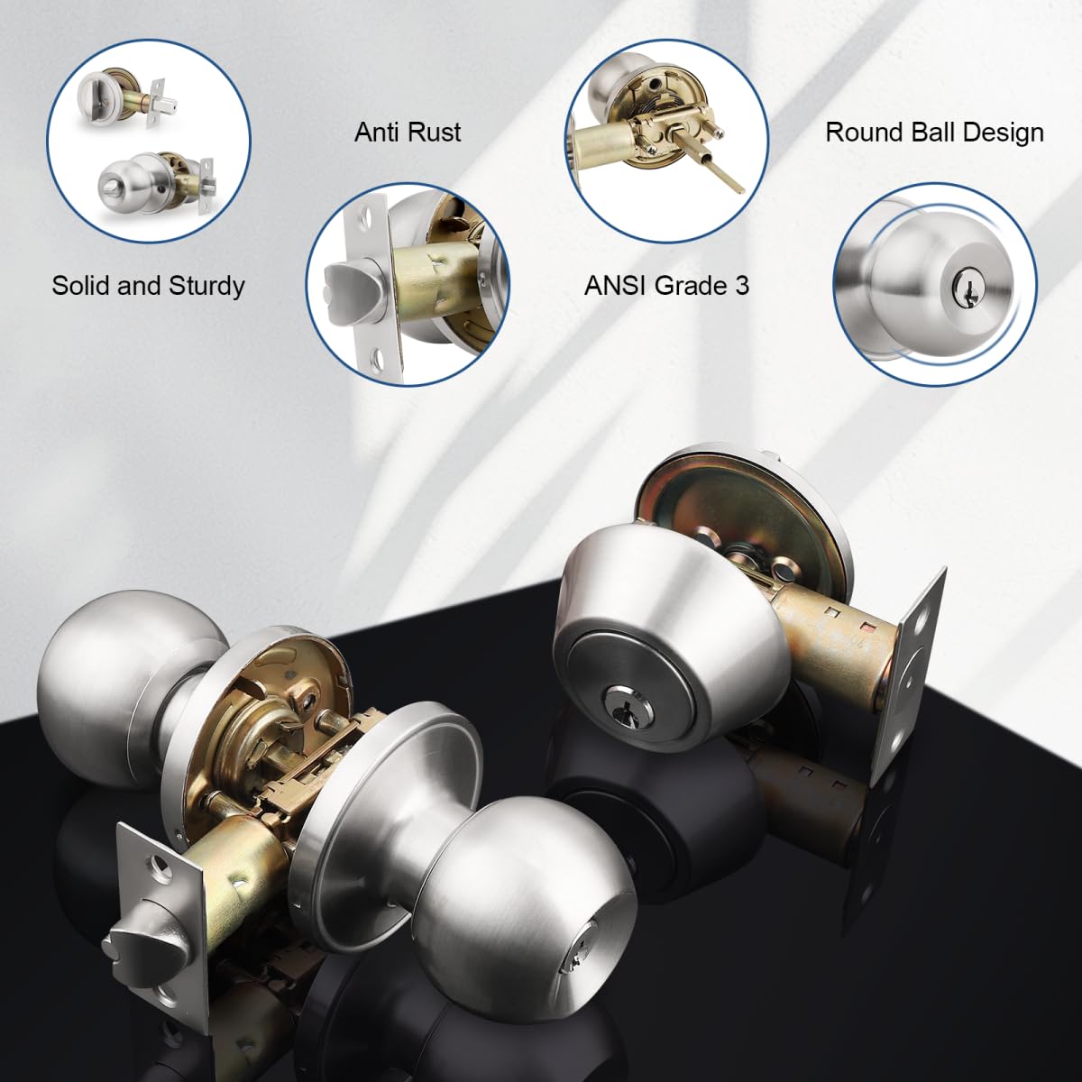 5-Pack Stainless Steel Keyed Alike Door Knobs - Satin Nickel Exterior Handles for Home Security