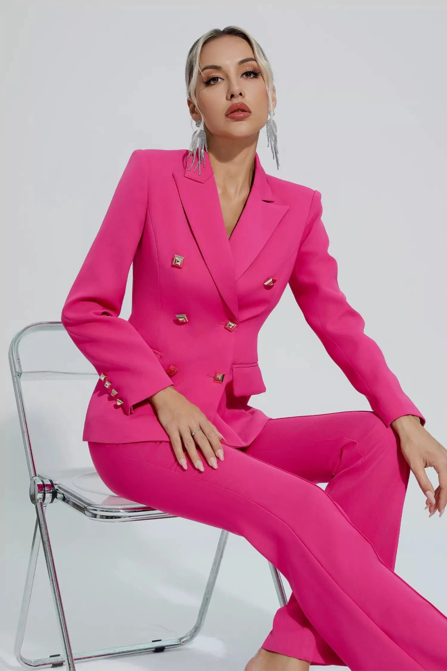 Fuchsia 2-Piece Double Breasted Women's Business Casual Suit Set - Slim Fit Blazer & Pants for Office, Interview & Professional Events