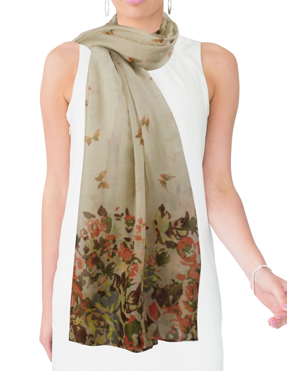Butterfly Flower Garden Sheer Long Scarf Shawl - Lightweight Floral Print Wrap for Women - Perfect for Spring Outfits, Beach Cover-ups, and Evening Elegance