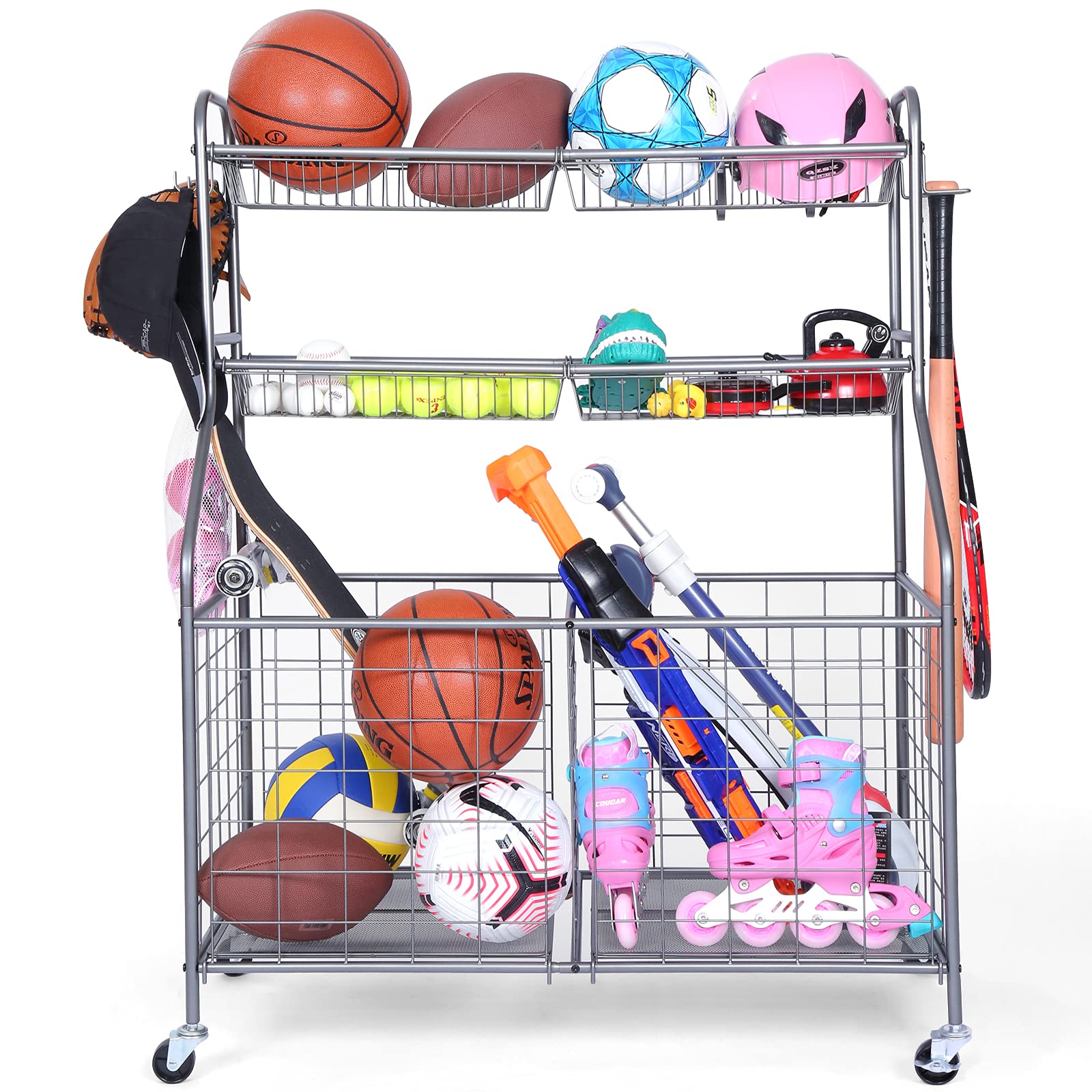 Kinghouse Heavy-Duty Steel Garage Sports Equipment Organizer - Ball Storage Rack & Toy Organizer with Wheels for Nerf Guns, Basketballs, Soccer Balls - Perfect for Garage, Playroom & School Organization (Grey)