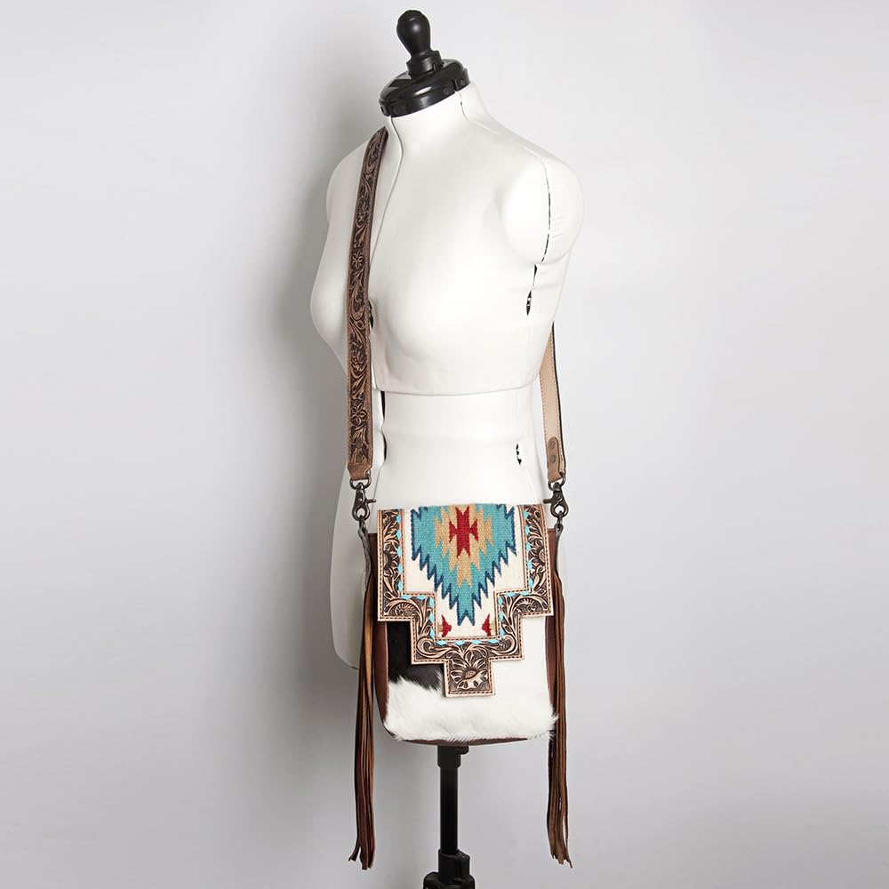 Genuine Leather Western Crossbody Bag for Women – Hand Tooled Saddle Blanket Design with Hair-On Hide | Stylish Cowgirl Purse | Perfect for Rodeo, Country Music Festivals & Western Fashion