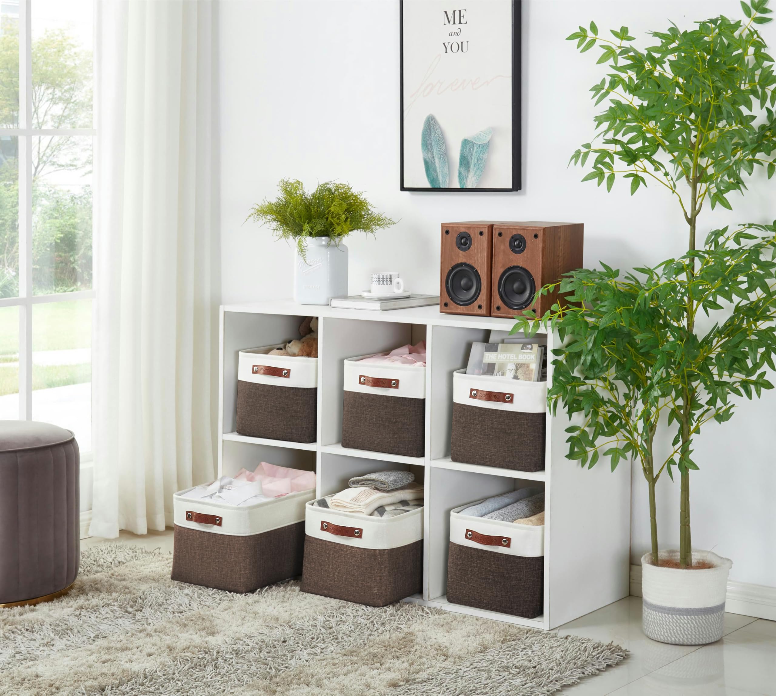 DECOMOMO Fabric Storage Bins - Large 4-Pack Brown & White Baskets for Shelves, Closet Organization, Toys, Nursery | Perfect for Home, Office & Kids Room Storage Solutions