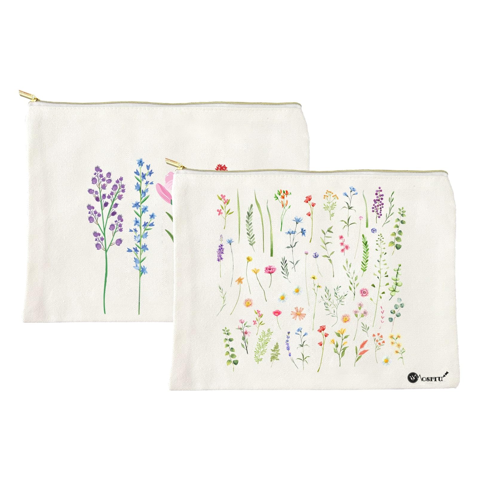 Floral Makeup Bag for Women - Aesthetic Flower Canvas Cosmetic Pouch with Zipper | Small Travel Toiletry Organizer | Perfect Gift for Her, Wildflowers Design | Great for Daily Use, Travel, and Makeup Storage