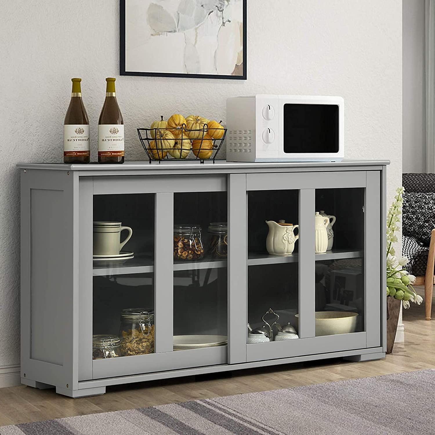 Grey Wooden Sideboard Buffet Cabinet with Adjustable Shelf & Glass Sliding Doors - Stackable Cupboard Storage Table, Coffee Bar Credenza for Kitchen, Dining Room, Living Room & Entryway - Perfect for Home Organization & Entertaining Guests