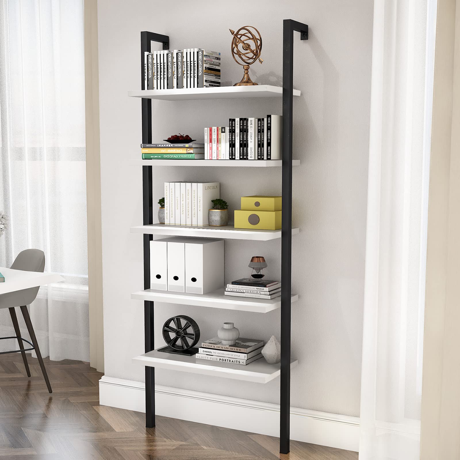 Industrial Ladder Bookshelf - 5-Tier Wall Mounted Bookcase with Metal Frame, Open Display Storage Shelf for Living Room, Bedroom, Office & Balcony | Space-Saving Leaning Ladder Design for Home Decor & Organization