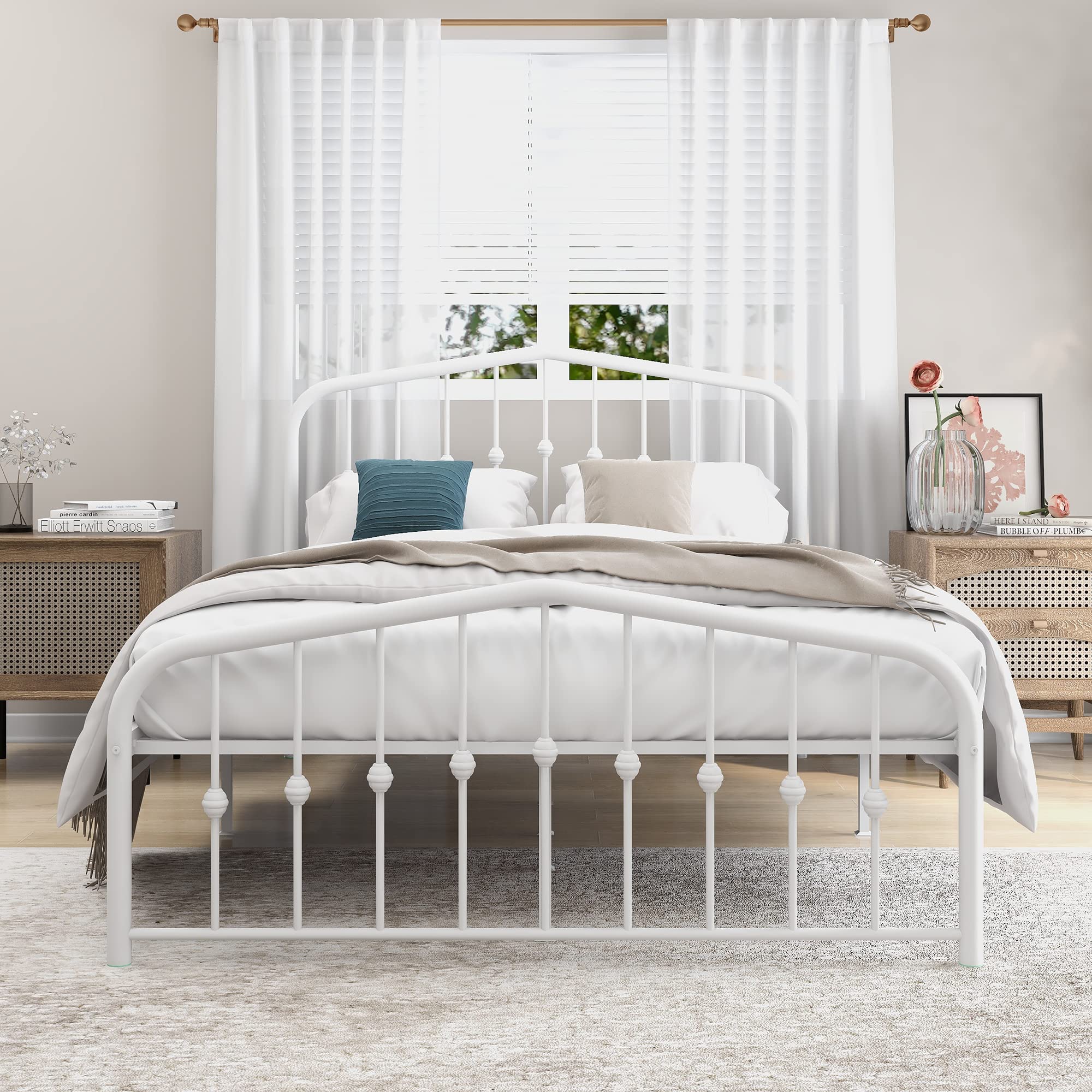 Full Metal Bed Frame Platform with Headboard & Footboard - Modern Design, No Box Spring Needed, Sturdy Steel Slat Support - White - Perfect for Master Bedroom, Guest Room & Dormitory