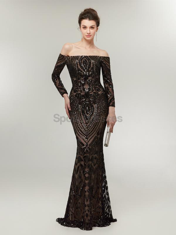 Sparkly Black Off Shoulder Long Sleeve Mermaid Prom Dress - Elegant Evening Party Gown for Formal Events, Homecoming, Pageants & Special Occasions