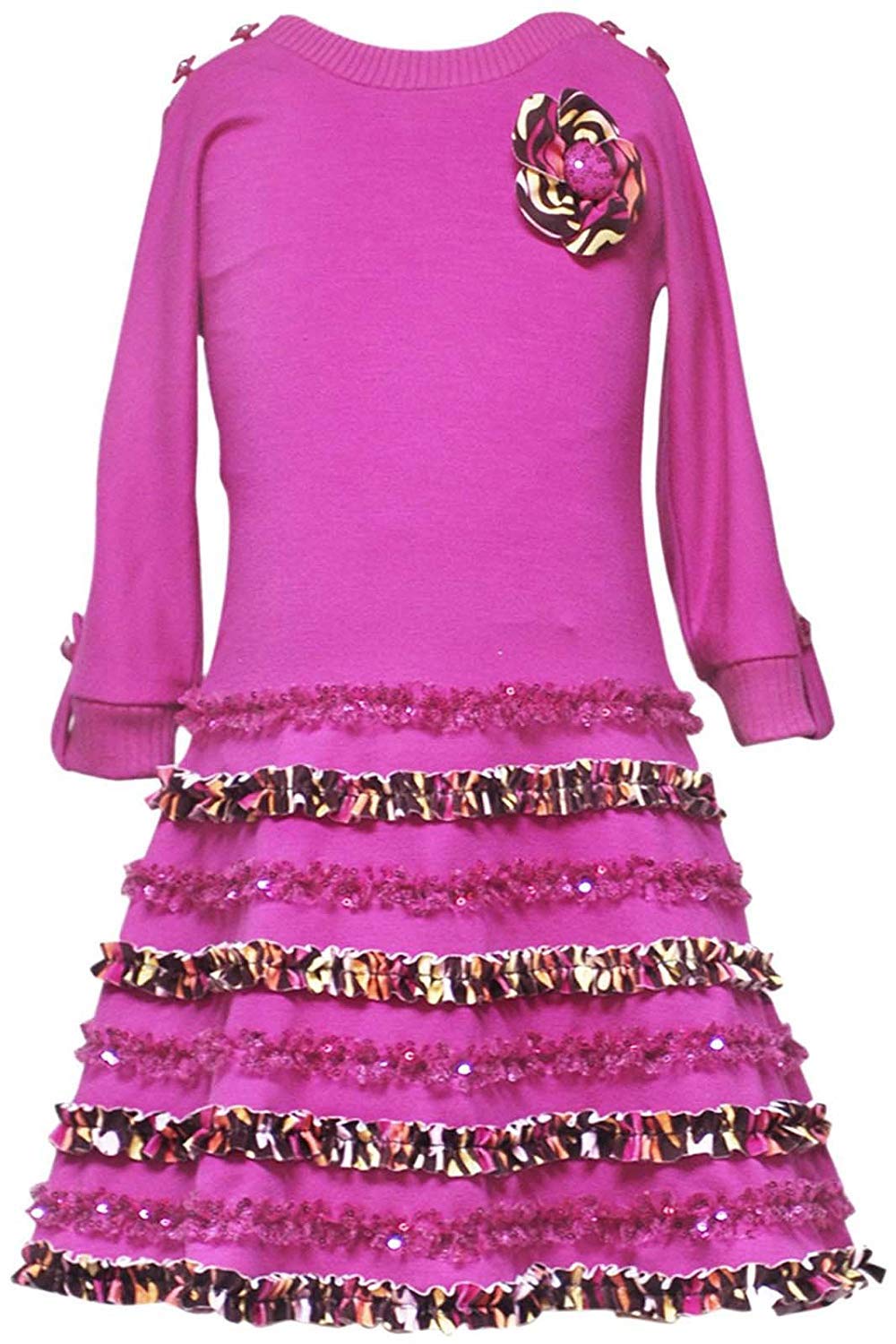 Rare Editions Girls' 2T-6X Fuchsia Pink Sequin Leopard Print Ruffled Knit Dress for Birthday Parties, Holiday Photos & Special Occasions