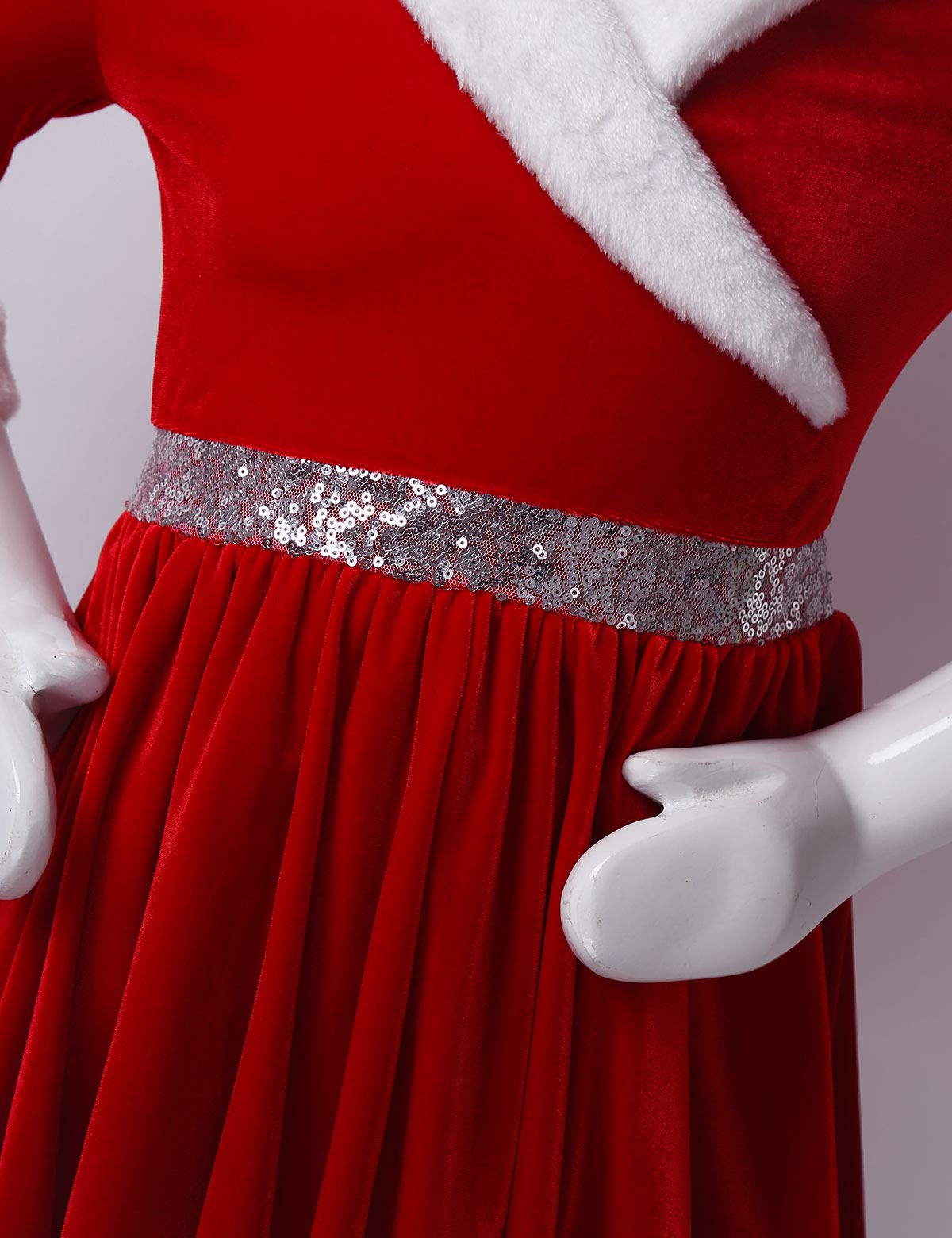Kids Girls Long Sleeve Faux Fur Velvet Christmas Costume Ice Figure Skating Twirling Dress Dancewear - Holiday Party, Winter Performance, Recital Outfit