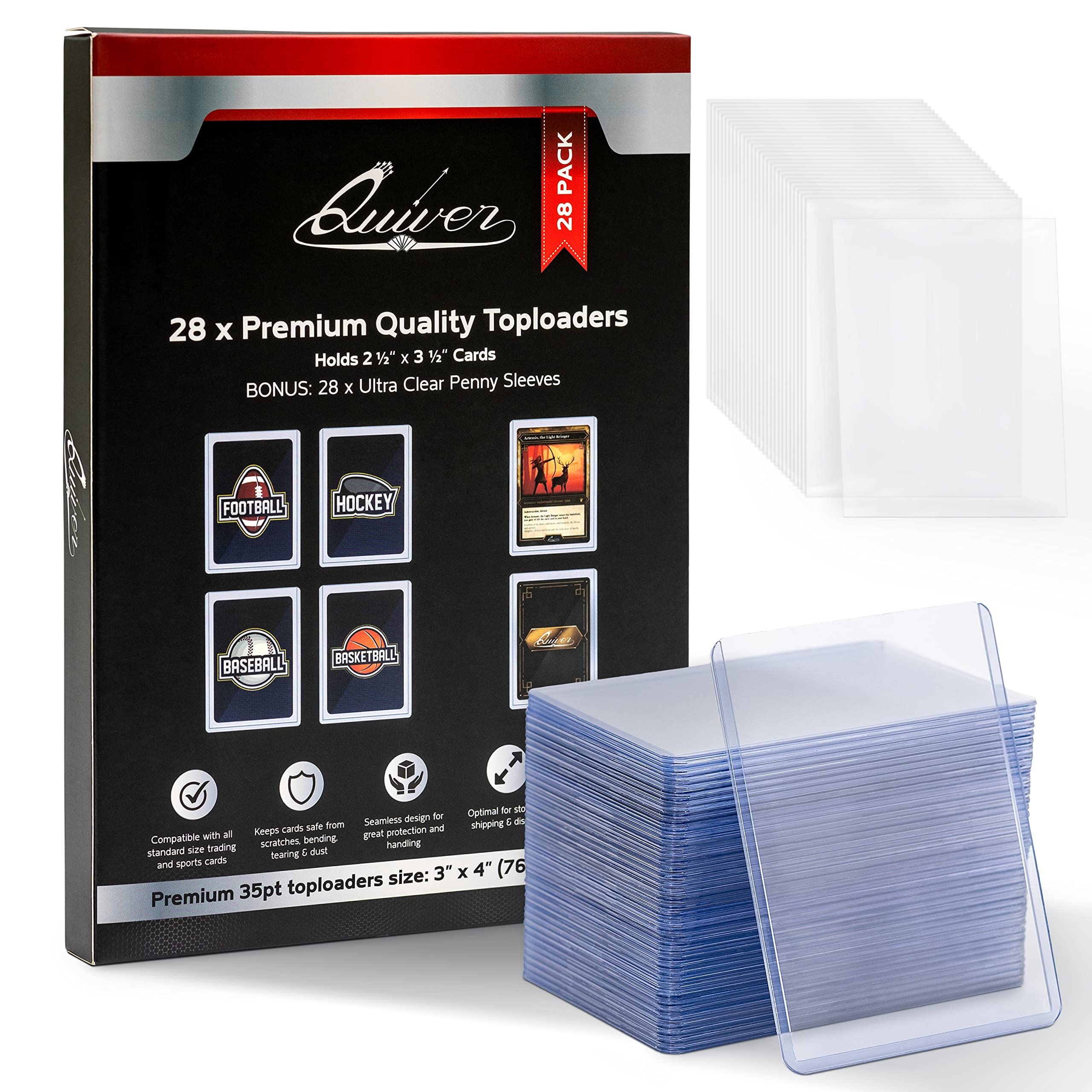 Premium 3x4 Top Loaders for Trading Cards - 35pt Durable Hard Plastic Card Protectors for Sports, Baseball & Football Cards (28 pcs + 28 Penny Sleeves, Clear) - Perfect for Collectors, Grading & Display