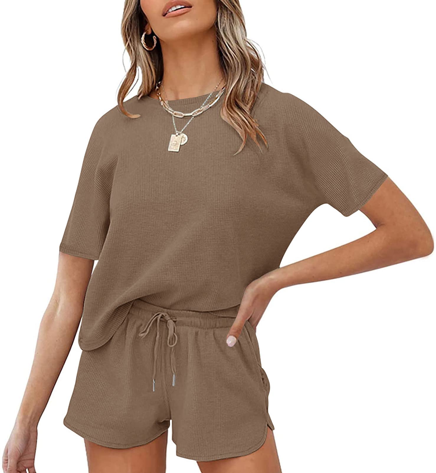 MEROKEETY Women's Waffle Knit Pajama Set - Short Sleeve Top & Lounge Shorts 2-Piece Sleepwear for Women | Soft & Comfortable Nightwear for Sleep, Relaxing at Home, and Vacation