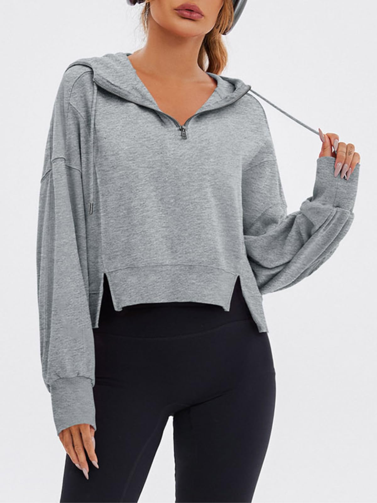 Fisoew Women's Cropped Hoodie Half Zip Pullover - Long Sleeve Pocketed Loose Fit Hooded Sweatshirt for Fall | Casual Outfit, Streetwear, Lounge Wear