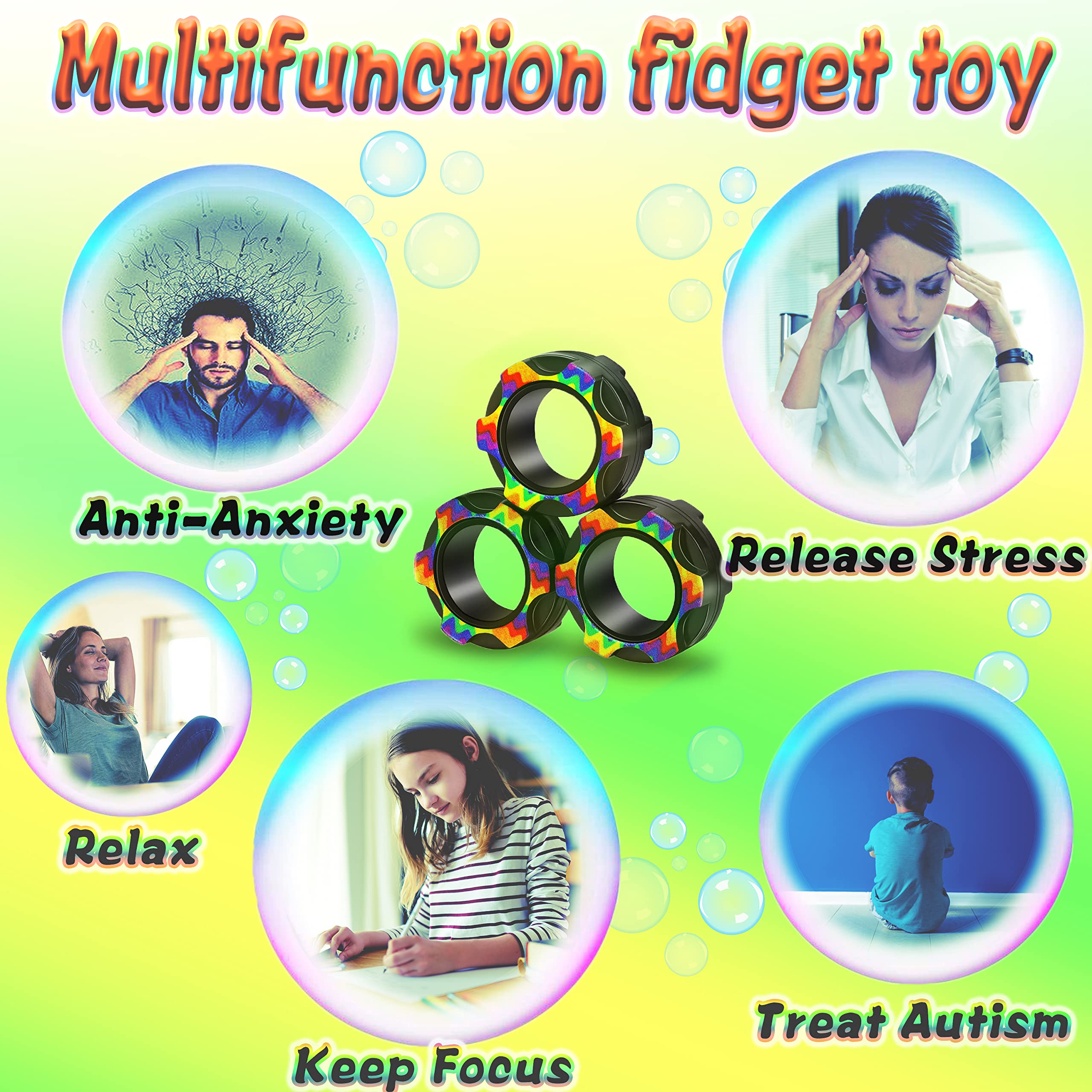 Magnetic Fidget Rings for Adults & Kids - Stress Relief Sensory Toys for ADHD, Anxiety - Fun Finger Spinner Magnet Toys for Boys Girls Teens Age 6-12 - Perfect Stocking Stuffers, Office Desk & Travel Relaxation Gifts