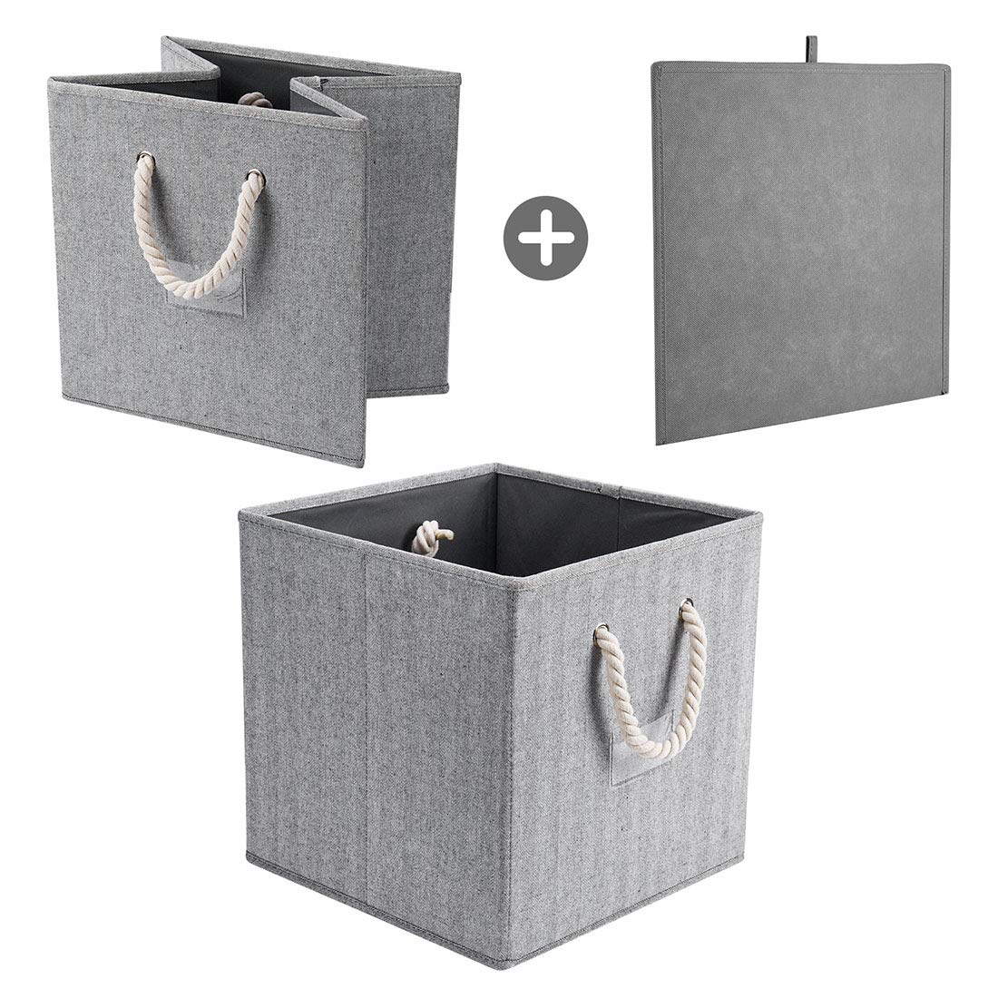 Foldable Cube Storage Bins 3-Pack - 13x13x13 Inch Collapsible Organizer Bins with Cotton Rope Handles for Closet, Home & Office Organization - Space Saving Grey Fabric Baskets (Perfect for Toys, Books, Blankets & Wardrobe Storage)