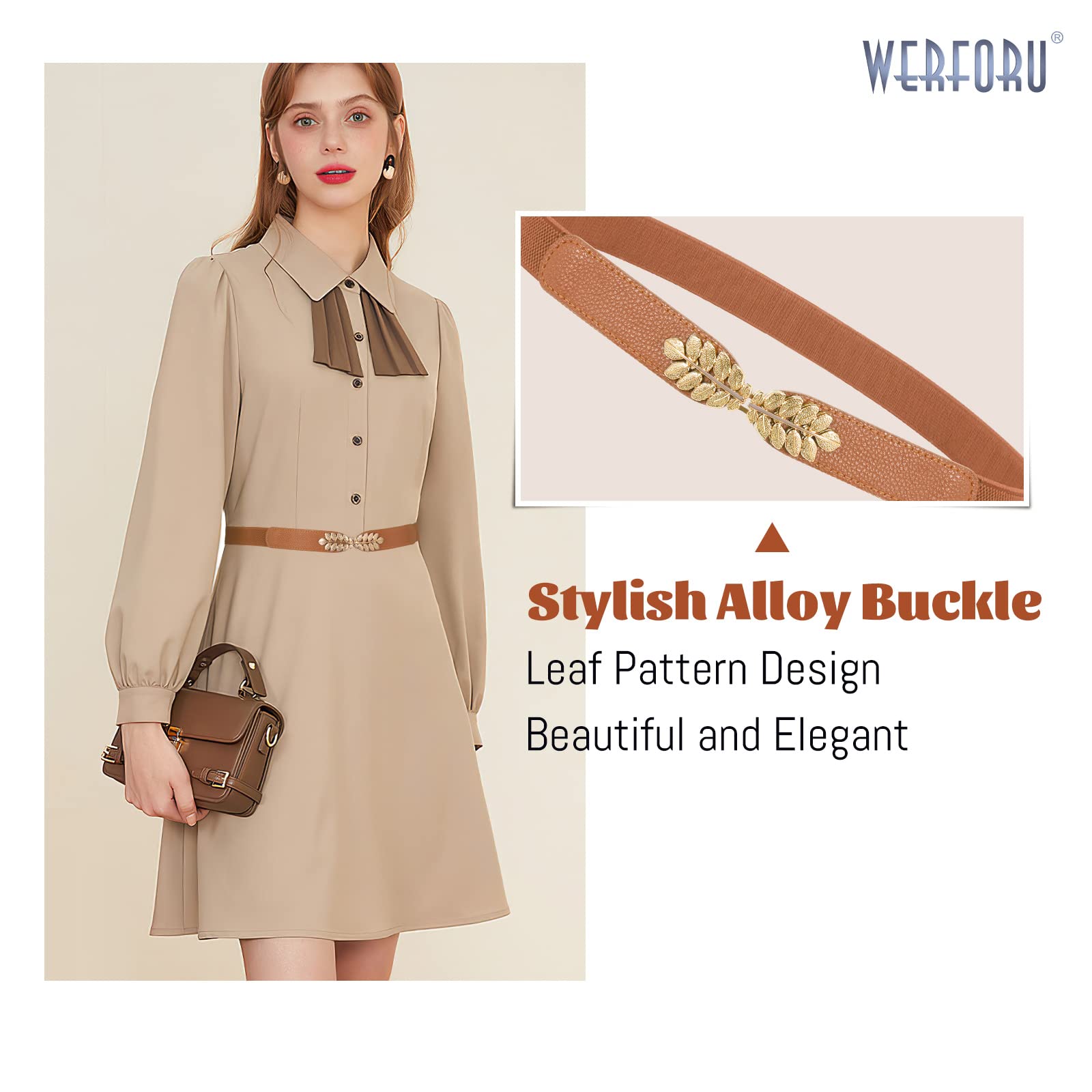 WERFORU 4 Pack Women's Stretchy Skinny Belts - Fashion Leaf Alloy Buckle Thin Waist Belt for Dresses, Pants & Jeans - Perfect for Casual, Office & Party Outfits
