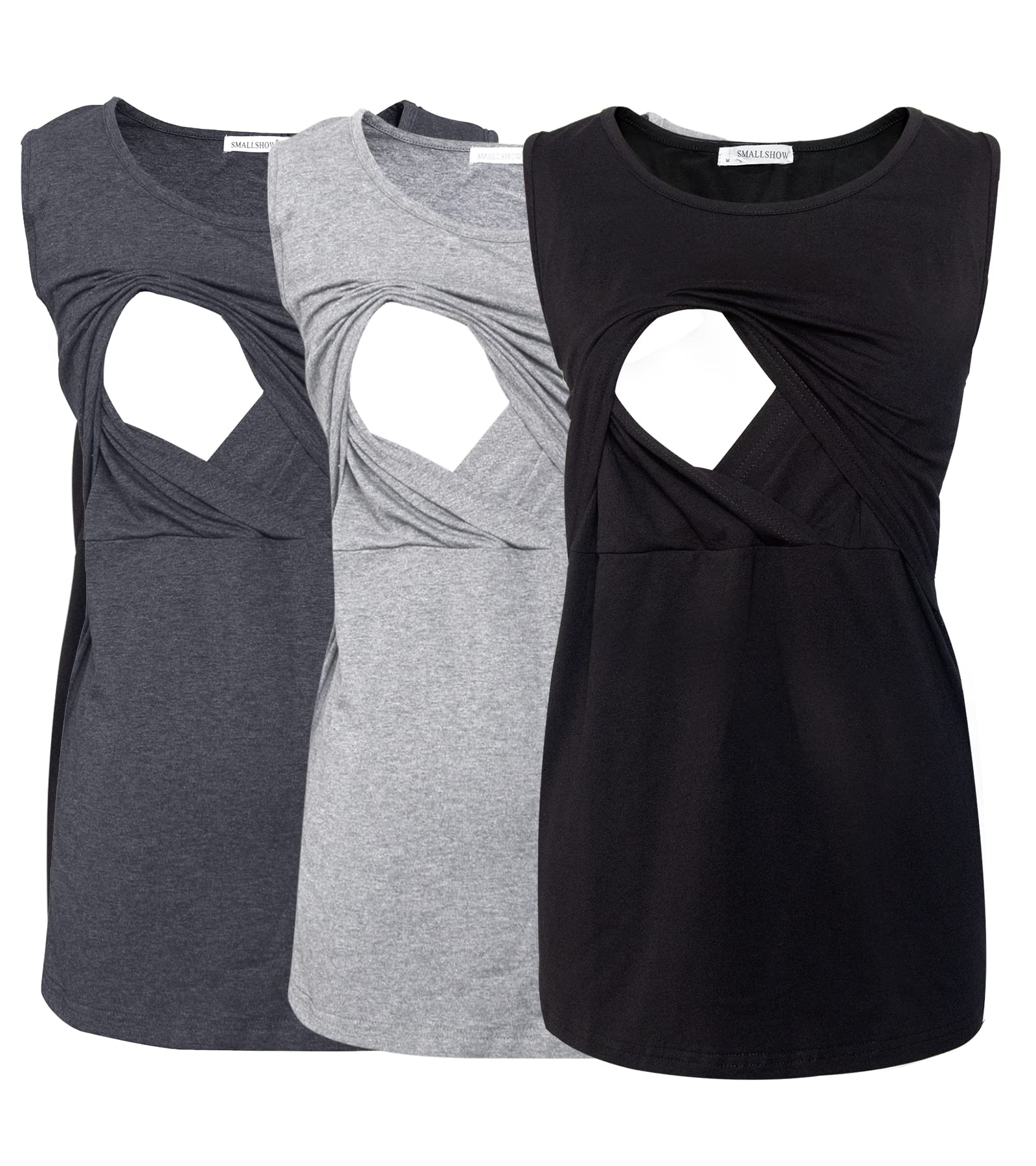 Smallshow Women's Sleeveless Maternity Nursing Tank Tops - 3 Pack Breastfeeding Clothes for Comfortable Pregnancy & Nursing - Perfect for Everyday Wear, Hospital Visits and Nursing at Home