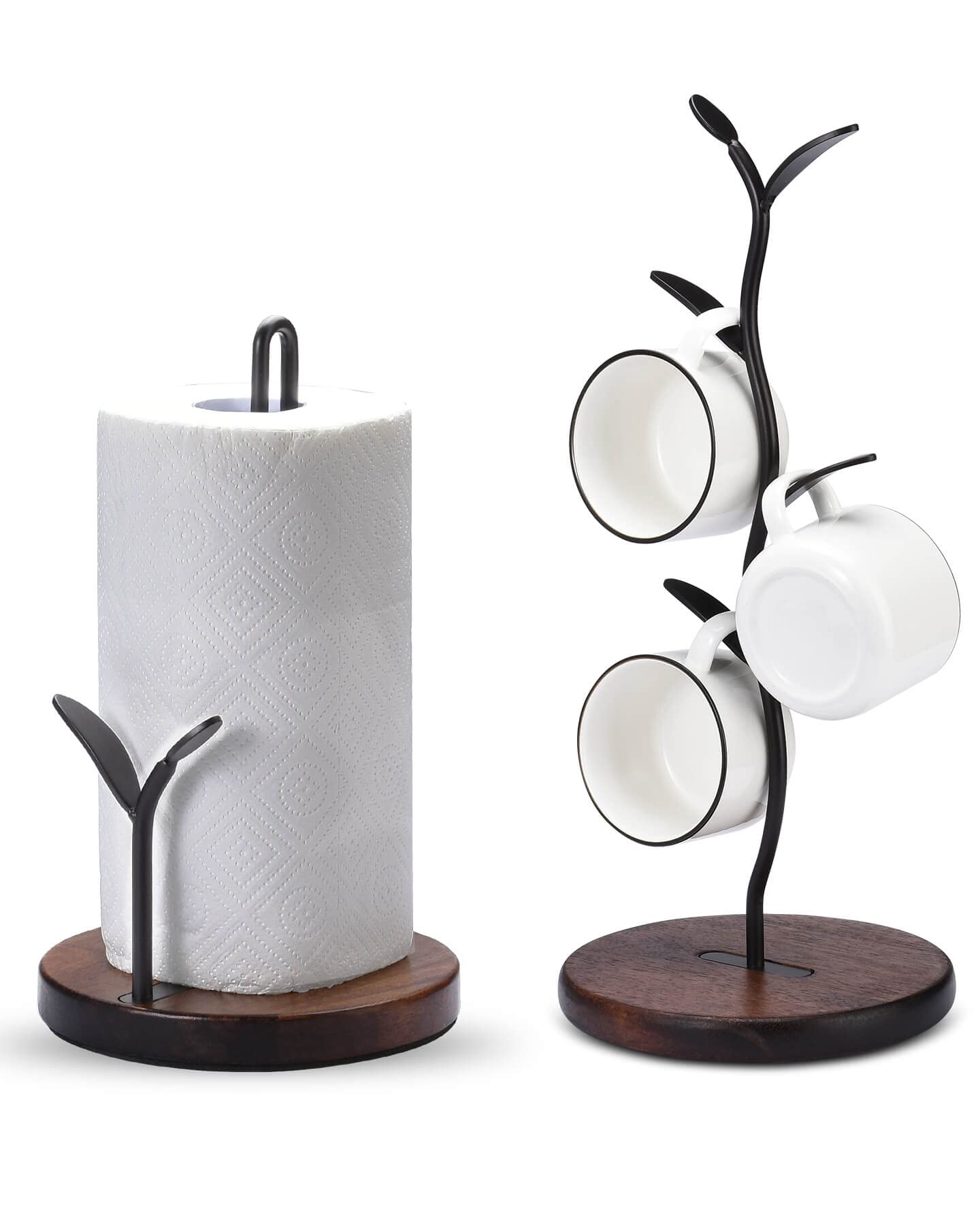 Wooden Paper Towel Holder and Mug Tree Set - Kitchen Organizer with Black Wood Base for Paper Rolls & Coffee Cups | Perfect for Countertop Storage & Small Space Organization