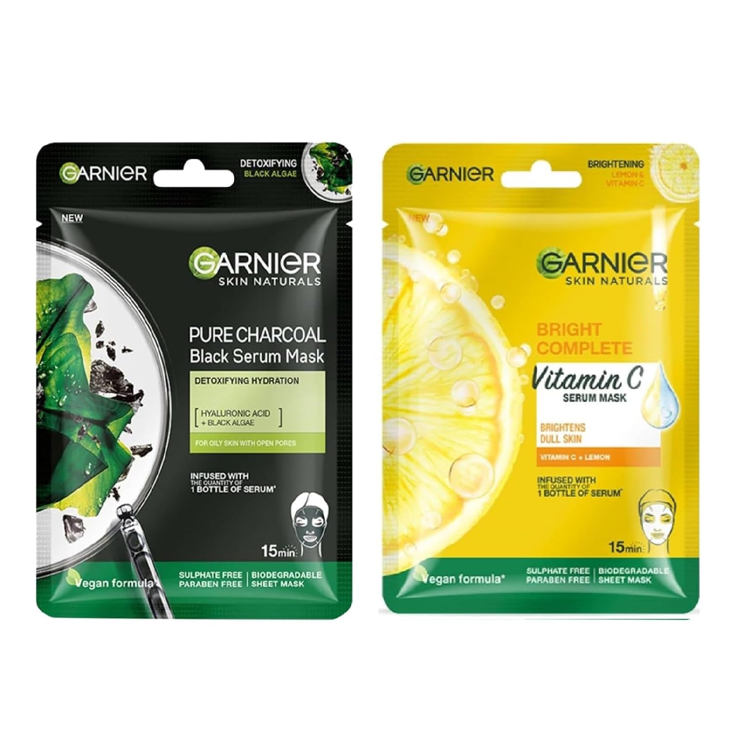 Garnier Skin Naturals Pure Charcoal Black Serum Face Mask - Hydrating & Detoxifying Sheet Mask for Glowing Skin, 1 pc (28g) | Bright Complete Face Mask for Hydration, Brightening & Dark Spot Treatment - Perfect for Spa Night & Self-Care Routine