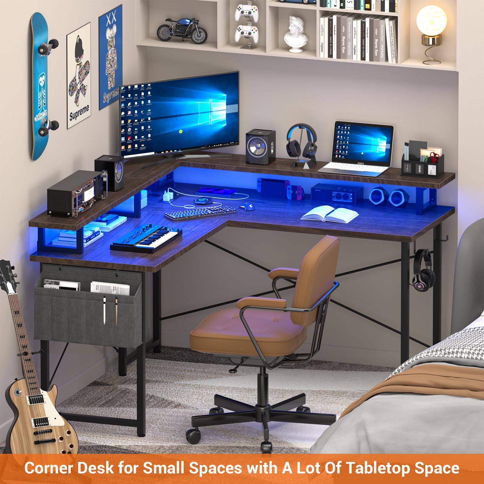 L Shaped Computer Desk with Power Outlets & LED Lights, 47