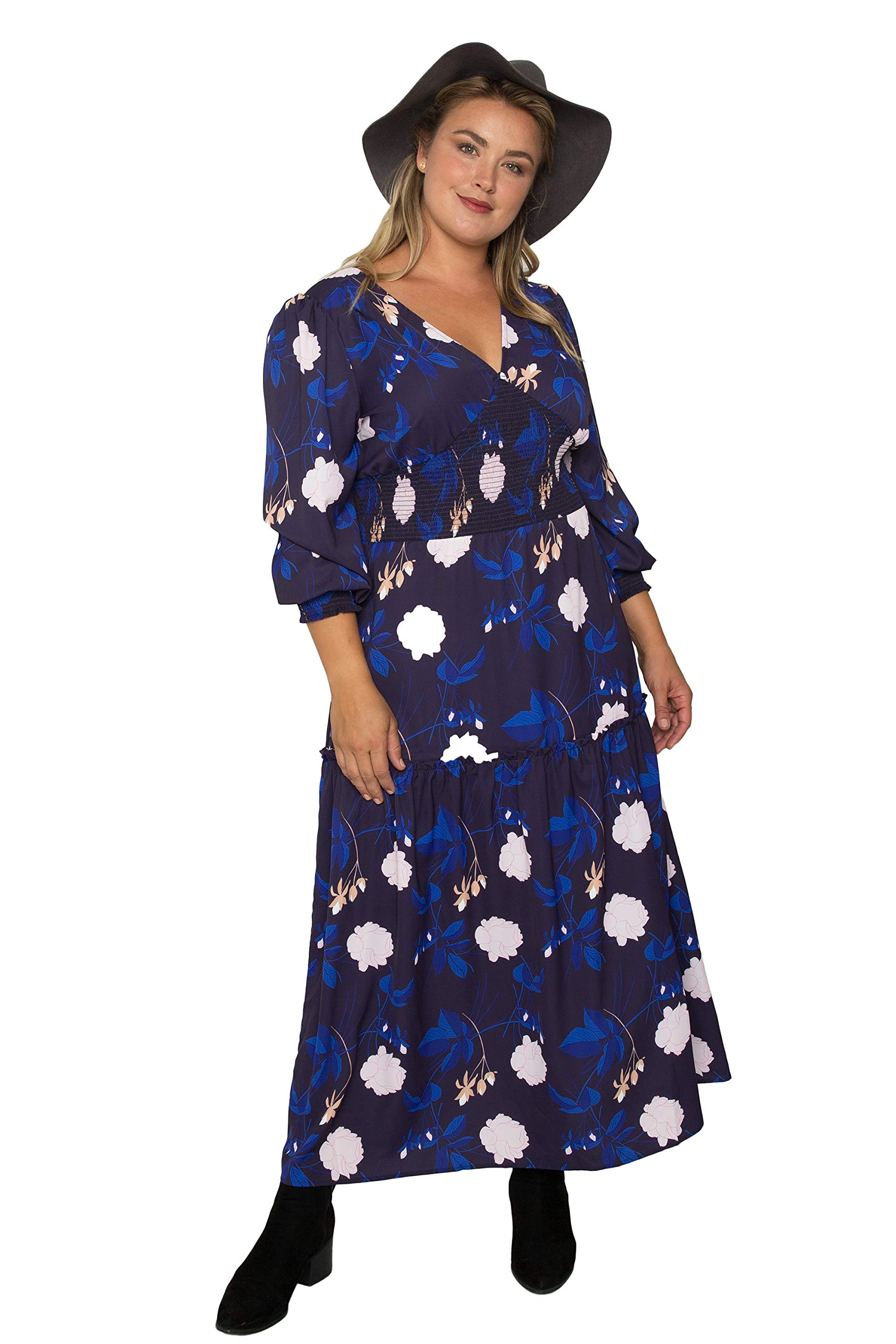 Plus Size Floral Print Smocked Waist Long Sleeve Maxi Dress for Women | Elegant & Comfortable Summer Beach Wedding Party Outfit