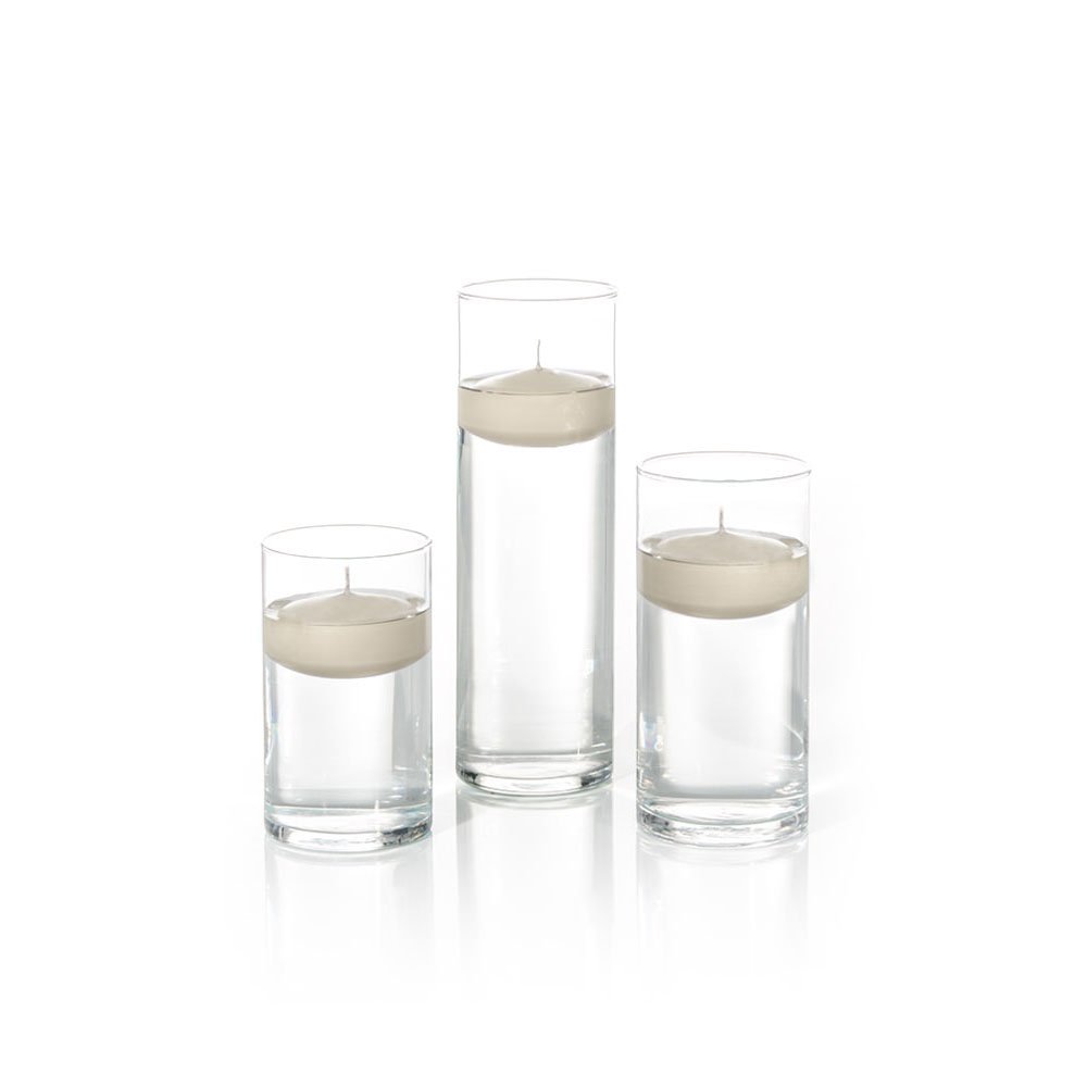 Yummi Set of 18 Floating Candles with Cylinder Vases - Elegant Sandstone Color for Weddings, Spa, Bath & Home Decor