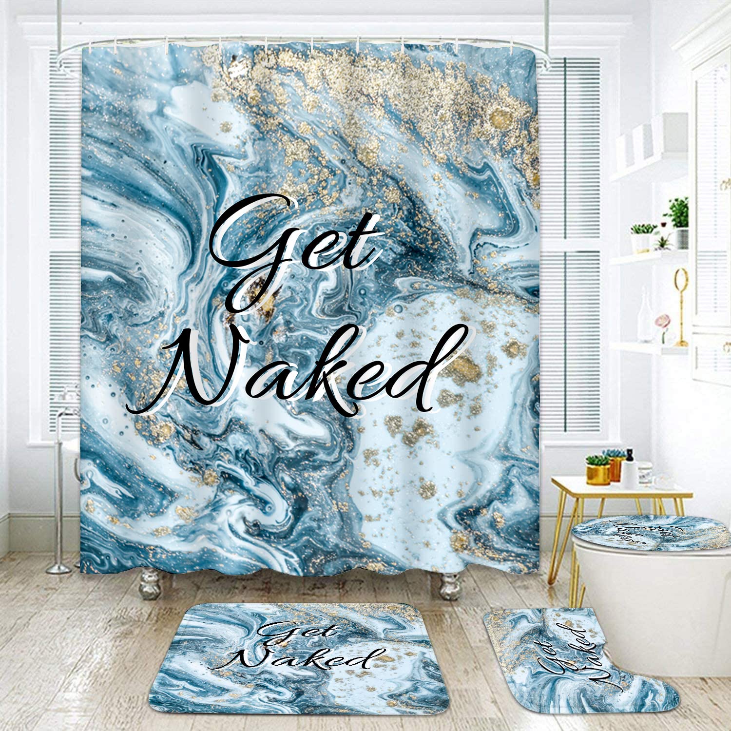 EEU 4-Piece Blue Marble Bathroom Set - Shower Curtain, Non-Slip Bath Mat, Toilet Lid Cover & Hair Towel | Luxury Bathroom Decor Accessories for Modern Homes & Spa-Like Experience