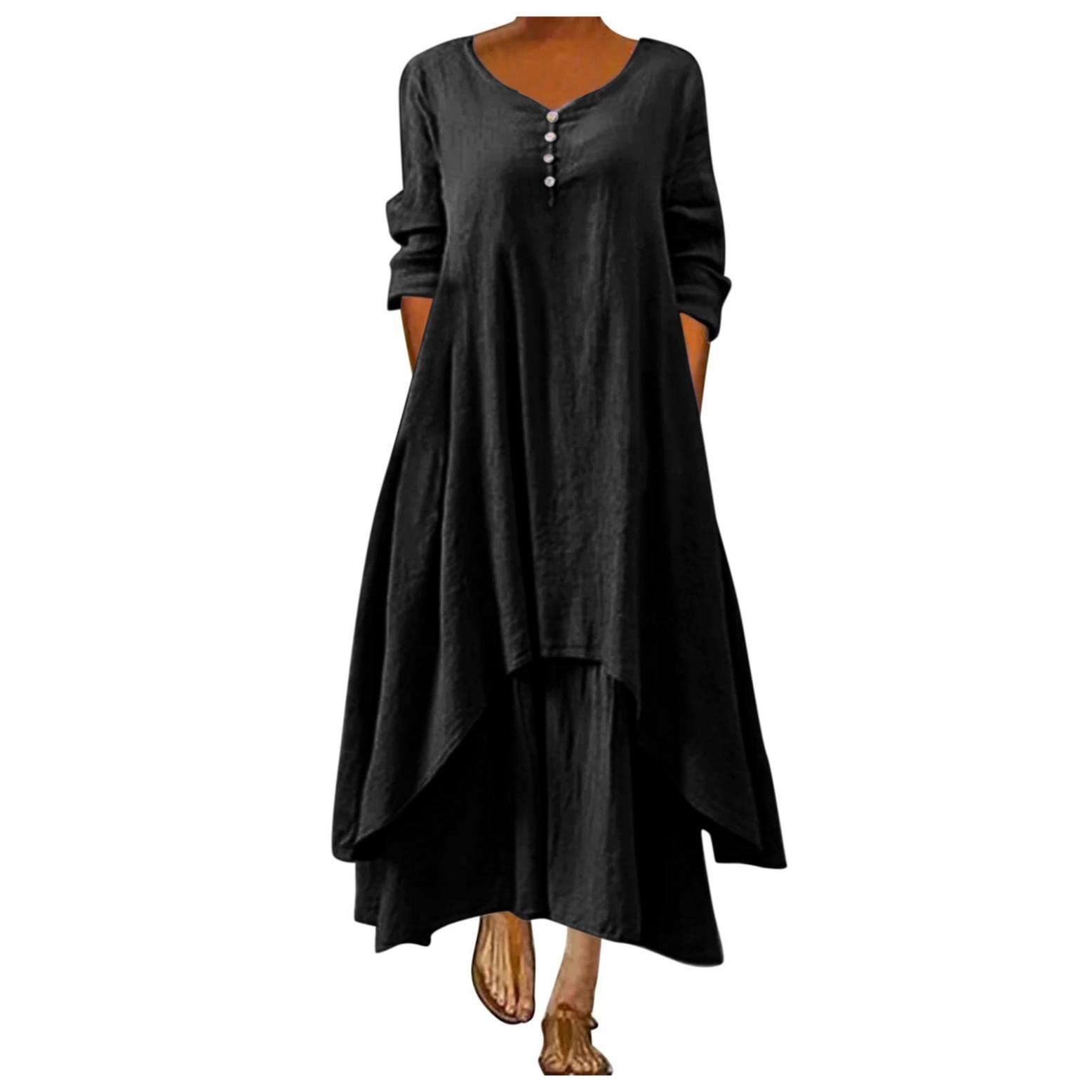 FABIURT Women's Bohemian Flowy Long Sleeve Summer Dress - Solid Button Down Maxi Dress for Party, Beach & Casual Wear | Elegant Cover Up for Outdoor Events & Vacation
