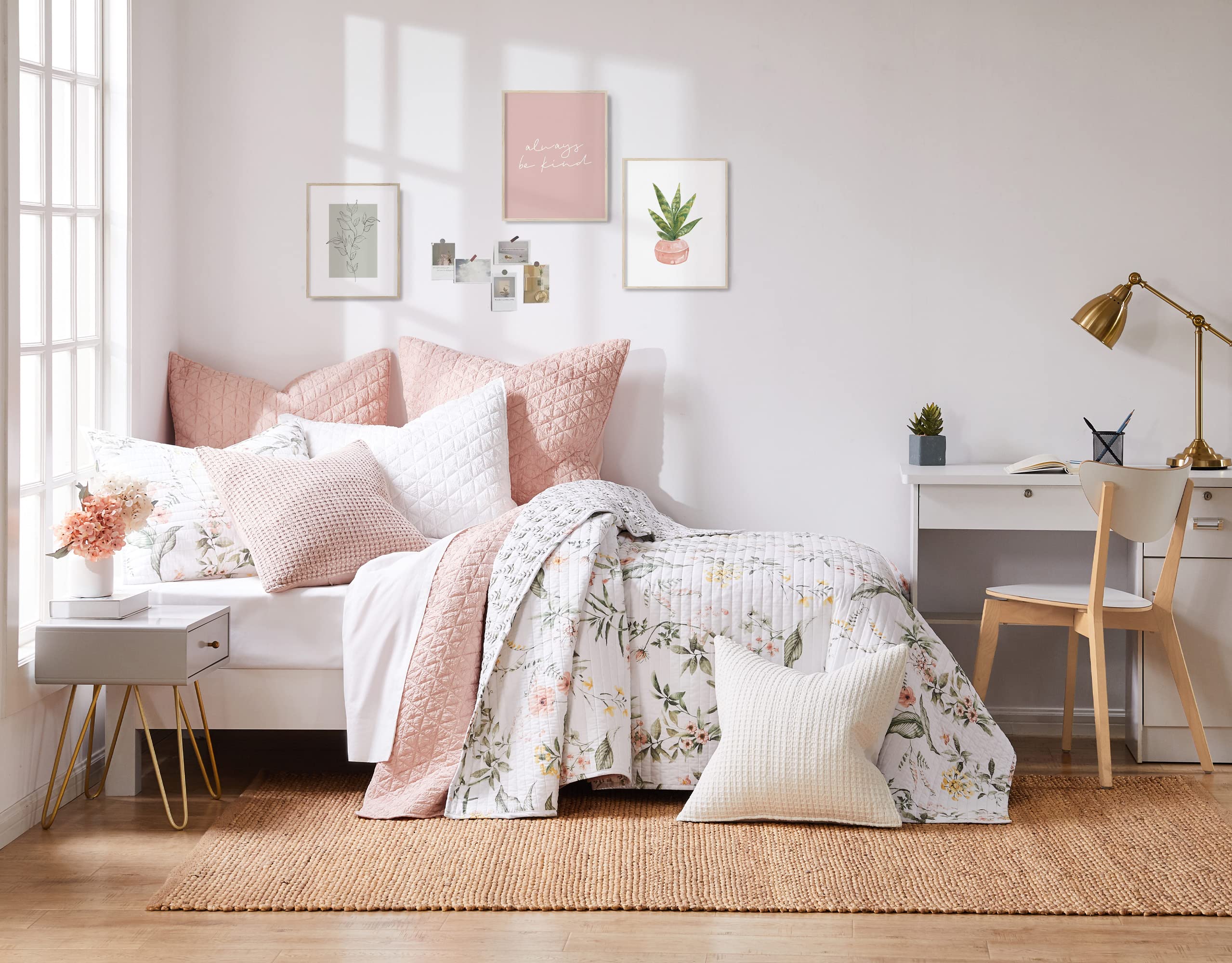 Levtex Home Viviana Reversible Cotton Quilt Set - Twin/Twin XL Size (68x86in) + 2 Standard Pillow Shams (26x20in) - Botanical Floral Design in Coral, Green, Yellow & Cream - Perfect for Bedroom Decor, Guest Room & Cozy Farmhouse Style