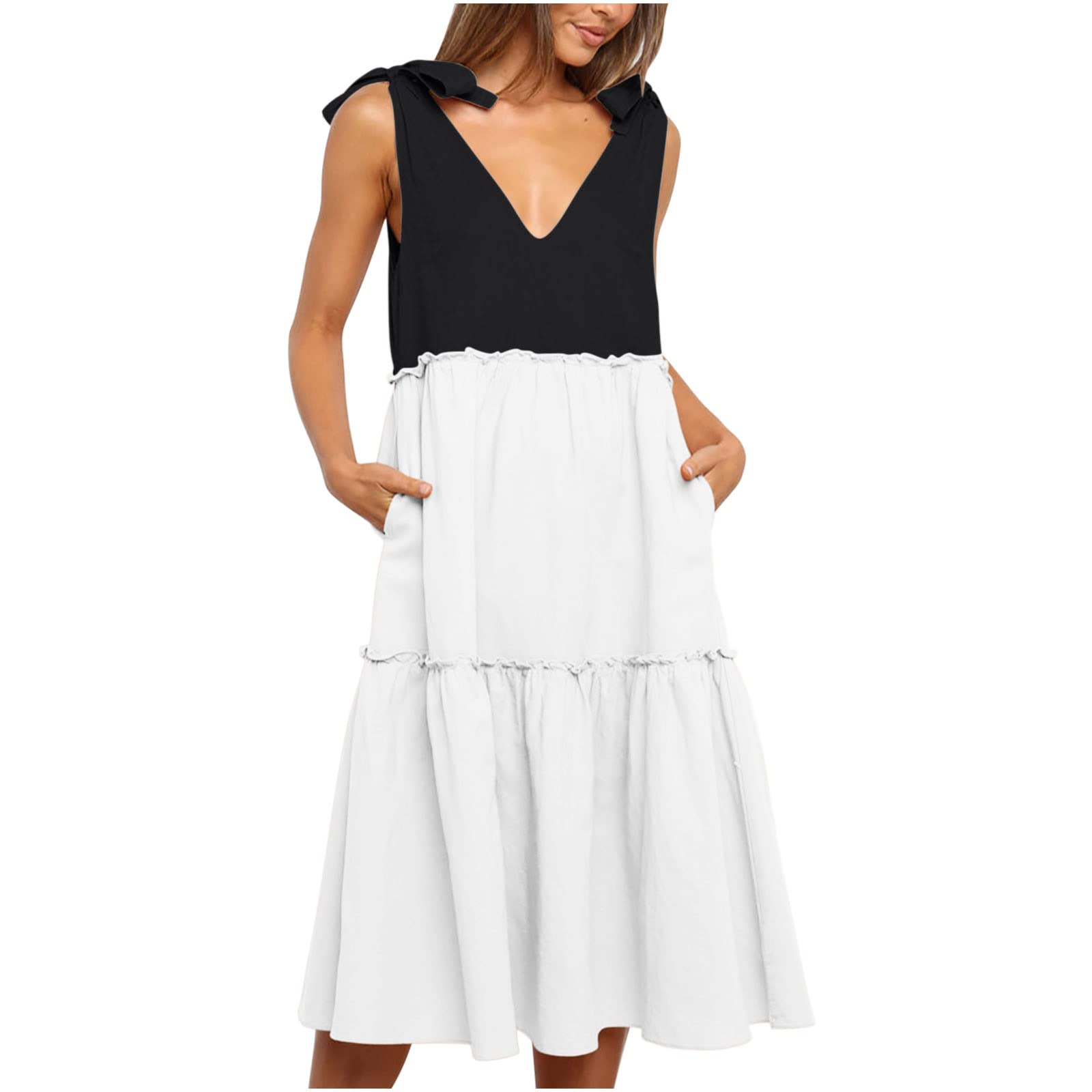 Women's Summer Tunic Dresses - Sleeveless V-Neck Tank Dress with Contrast Color Pleated Swing Midi Skirt | Casual Beach Wear, Vacation Outfit, Summer Party Dress