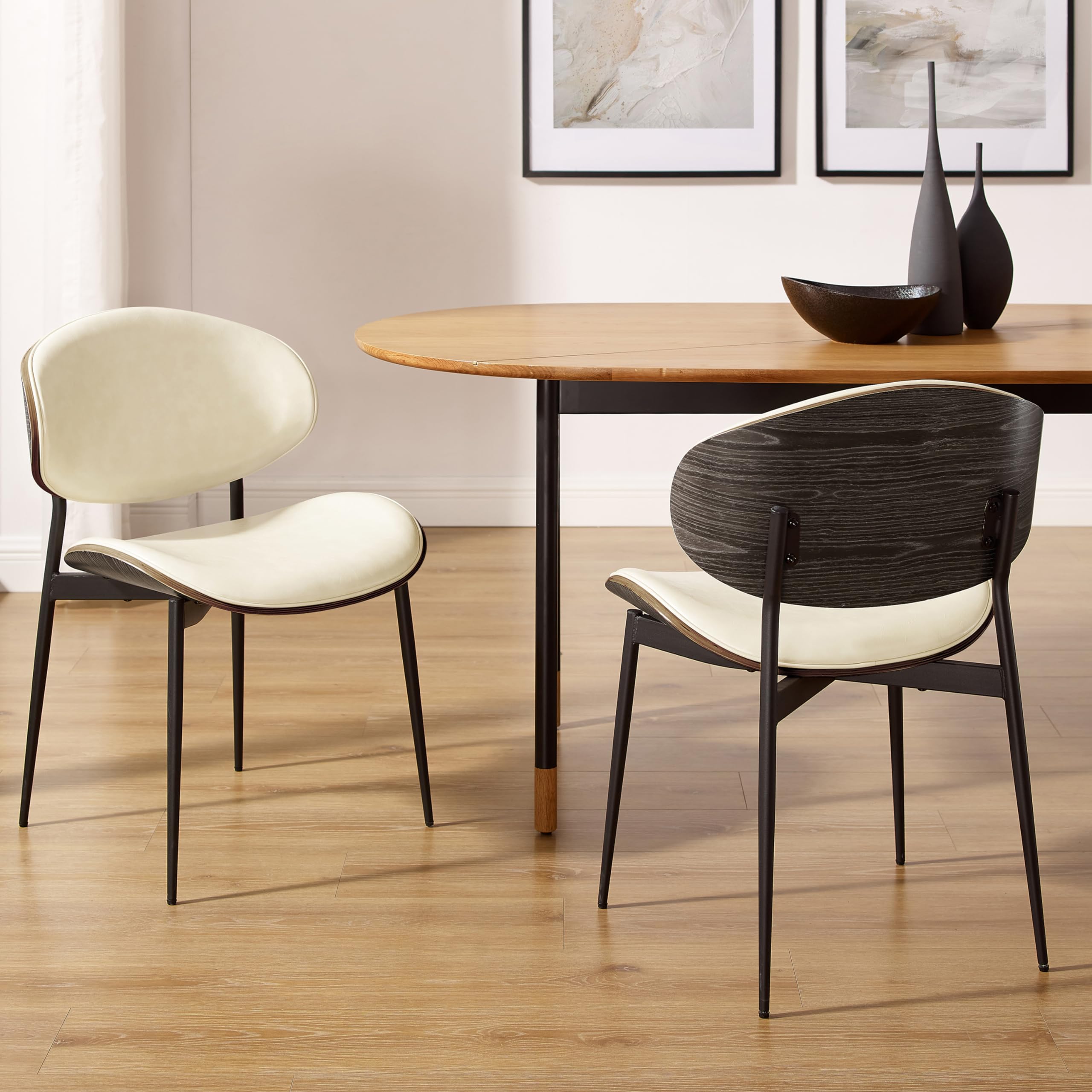 Art Leon Mid Century Modern Dining Chairs - Set of 2 Black Oak Bentwood Chairs with Off White Faux Leather Upholstery - Perfect for Kitchen, Dining Room & Bedroom Accent Seating