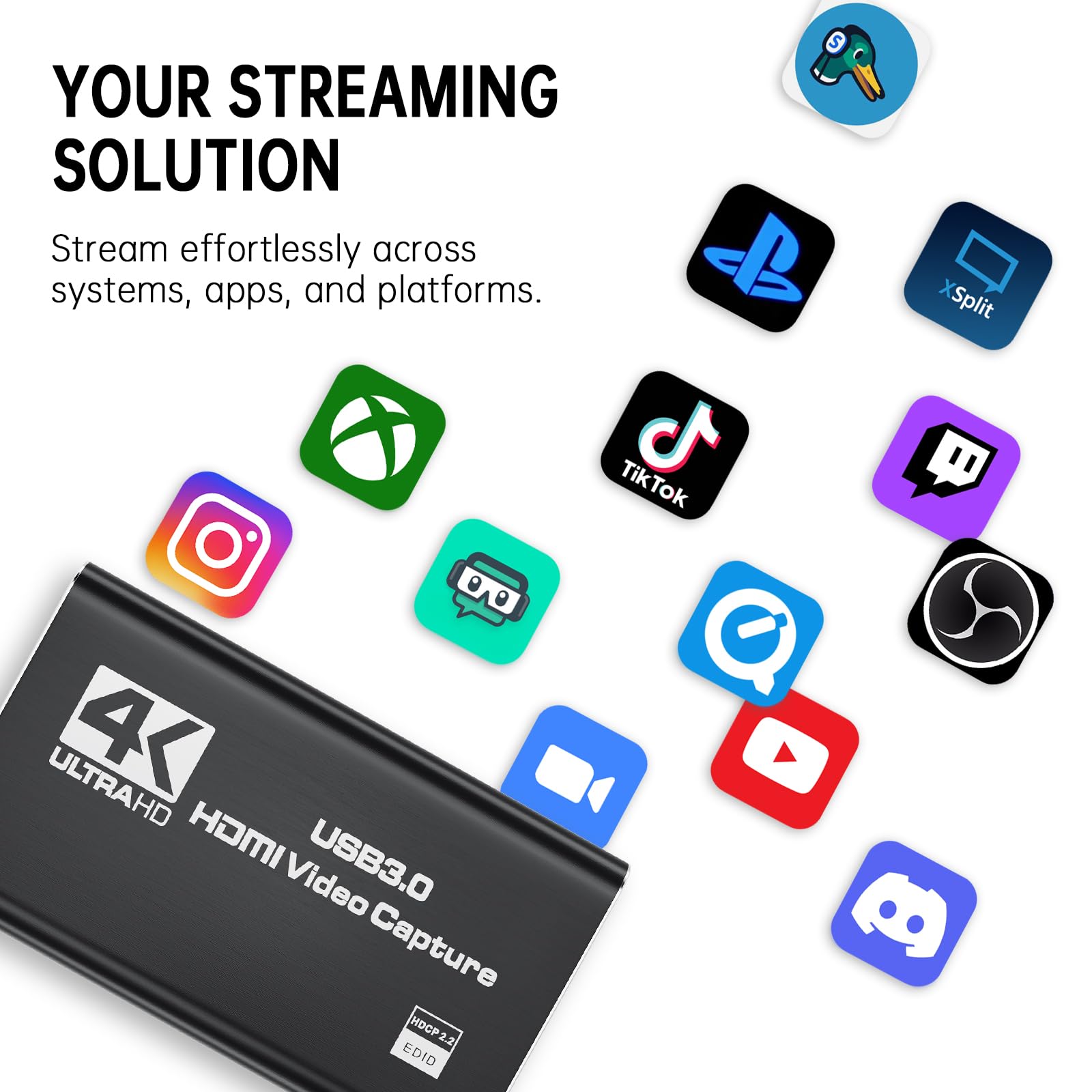 4K HDMI Video Capture Card for Live Streaming & Recording - 1080P 60FPS USB 3.0 Game Capture Device Compatible with Switch/PS5/Xbox/PC/Mac - Plug & Play for Twitch, YouTube & OBS Streaming