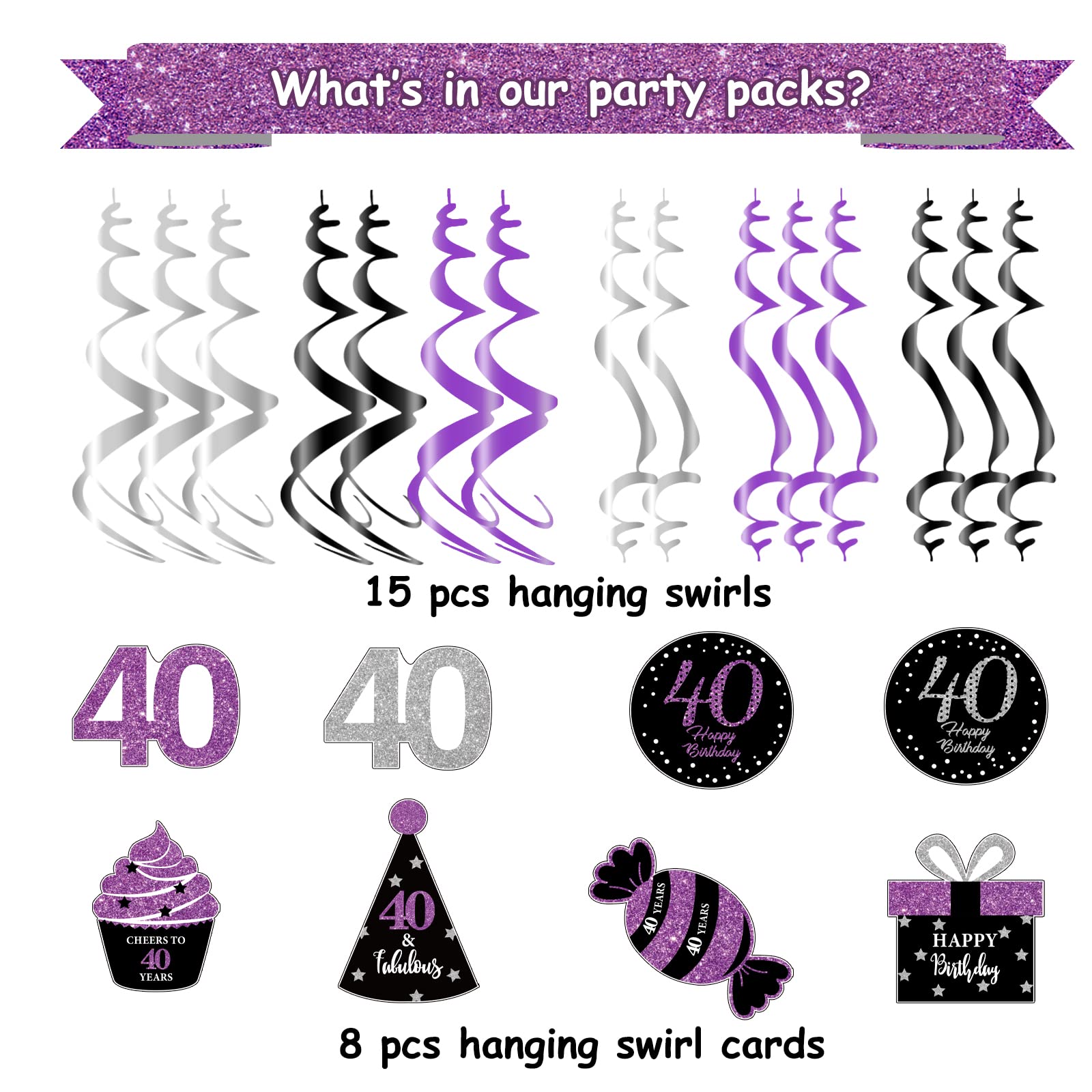 40th Birthday Party Decorations for Women - Purple, Black & Silver Foil Hanging Swirls - Perfect for 40th Birthday Celebrations, Milestone Parties & Women's Birthday Decor