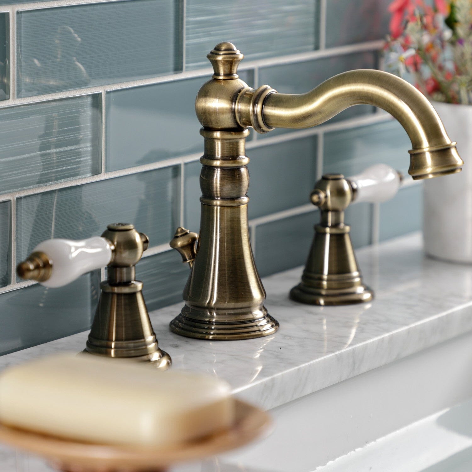 Classic Two-Handle 3-Hole Widespread Bathroom Faucet with Brass Pop-Up Drain - Vintage Style Deck Mount Sink Faucet for Bathroom Vanity & Powder Room Renovation