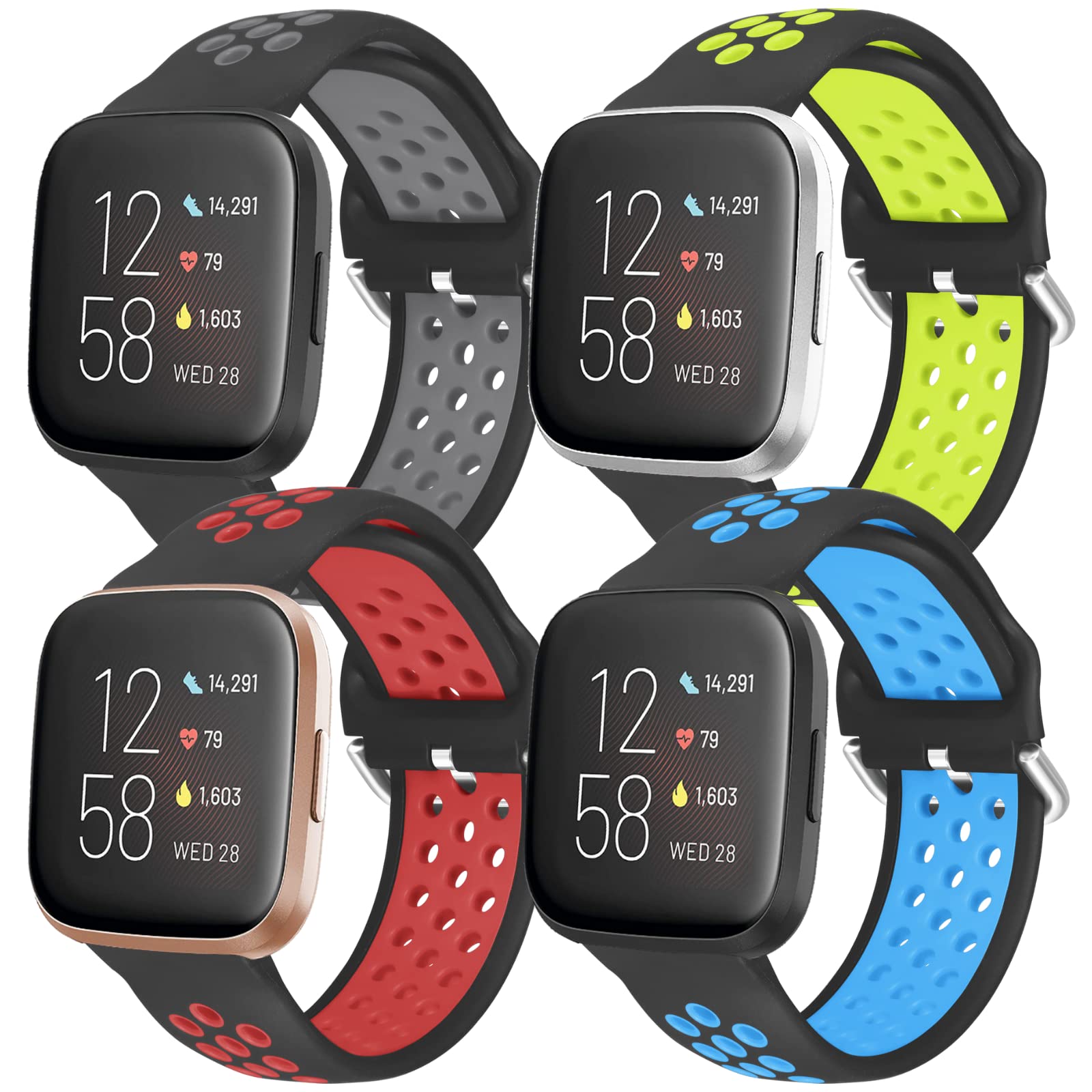 iHillon 4 Pack Soft Silicone Sport Replacement Bands for Fitbit Versa 1/2/Lite/SE - Breathable Wristbands for Men & Women - Perfect for Workouts, Running & Daily Wear