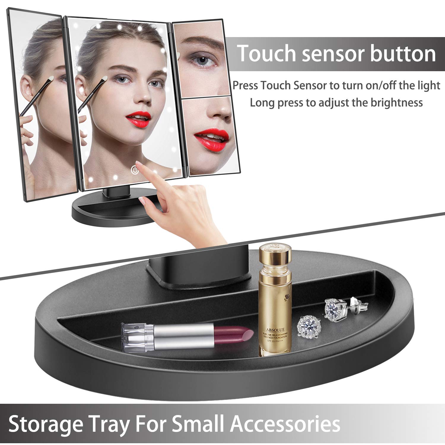 Deweisn LED Vanity Mirror - 21 Lights, Touch Screen, 3X Magnification for Makeup & Travel