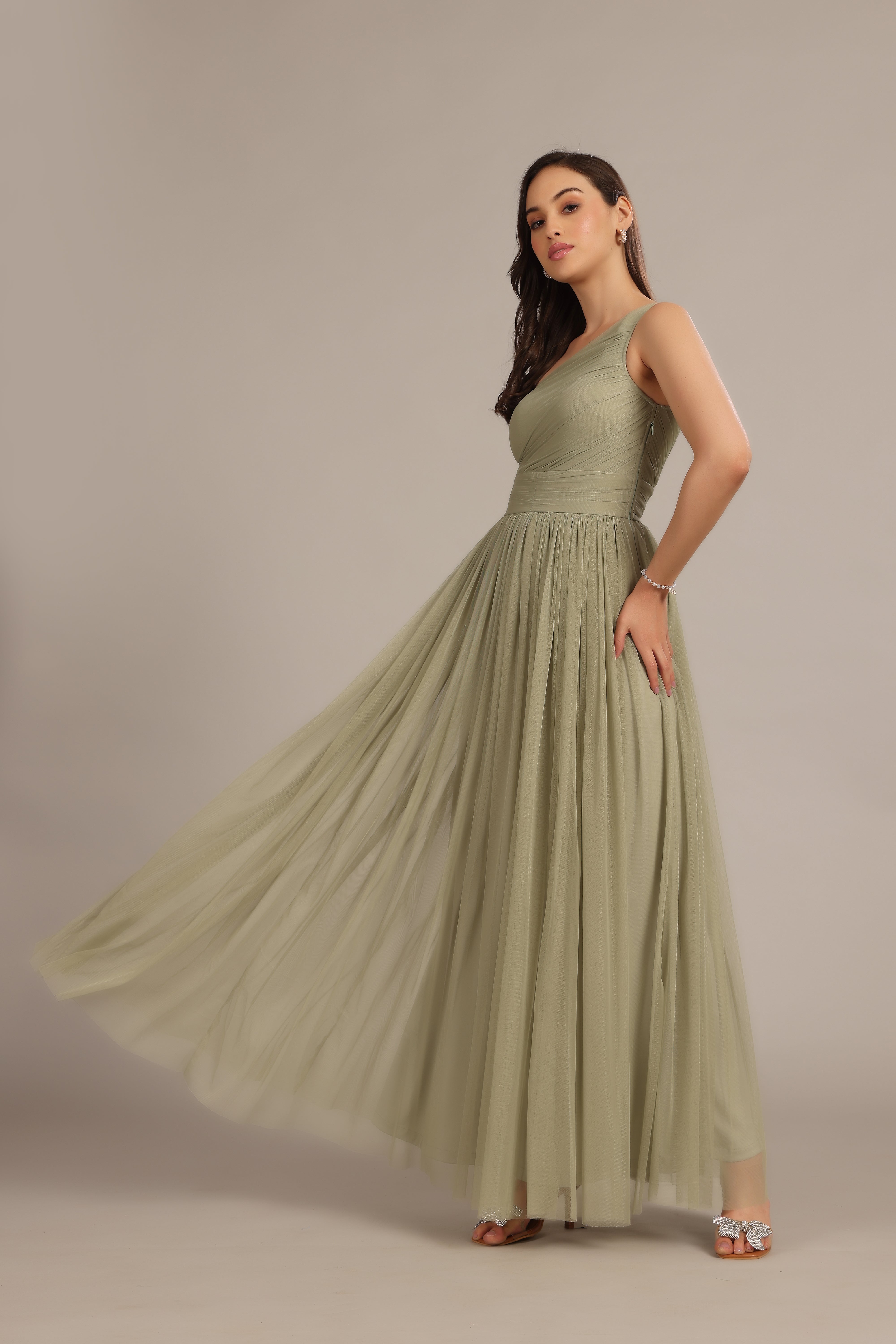 Elegant One Shoulder Maxi Dress in Dusty Sage Green - Perfect for Beach Vacations, Summer Weddings & Evening Parties