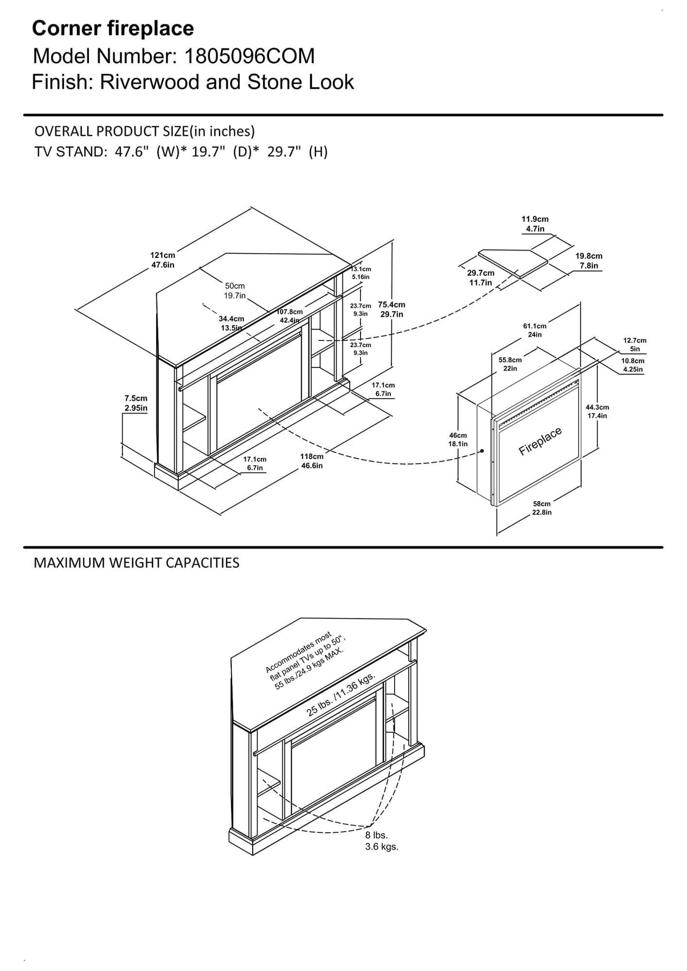 Ameriwood Home Overland 50 Inch Corner Fireplace TV Stand with Electric Heater Insert - Remote Control, Timer, Realistic Flame & Log Effect in Espresso - Perfect for Living Room, Bedroom & Home Theater Setup