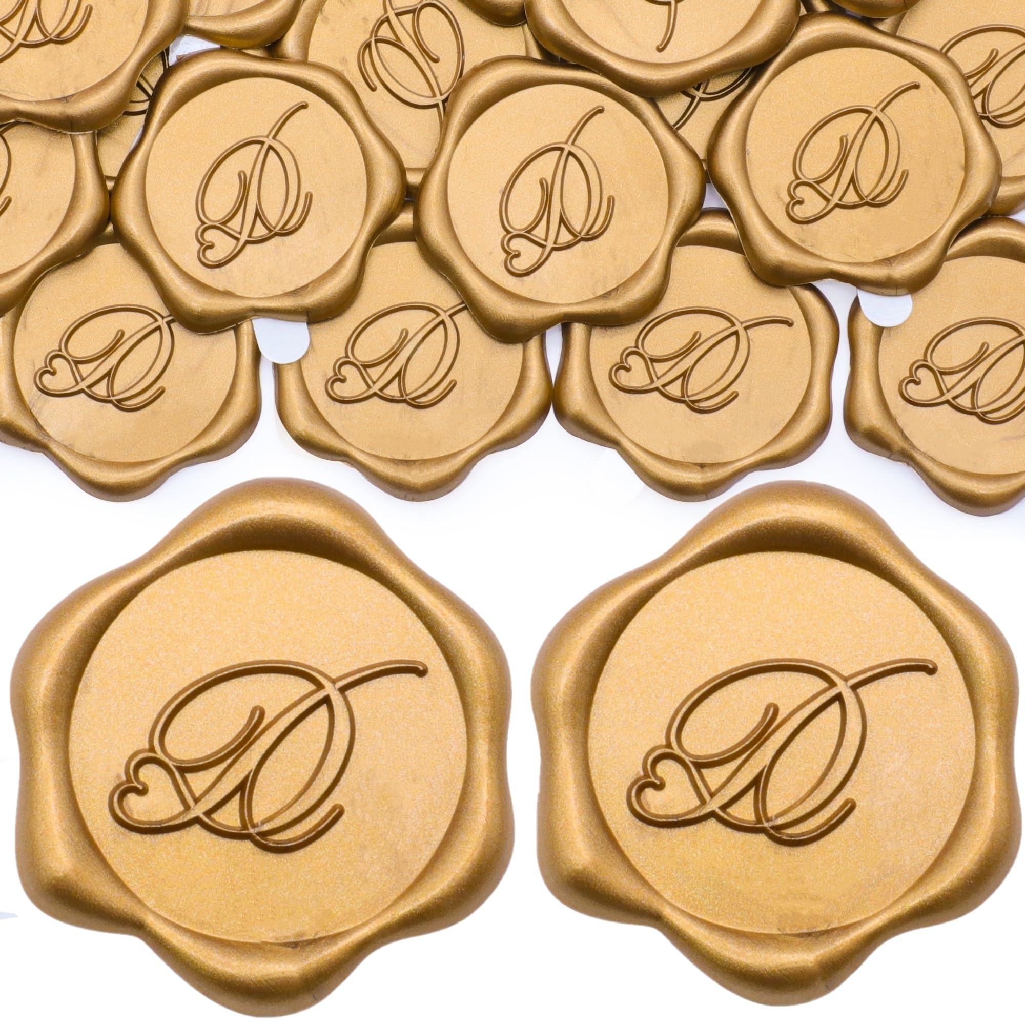 SWANGSA 100 Pack Letter D Wax Seal Stickers - Antique Gold Heart Design Initial Adhesive Wax Stickers for Wedding Invitations, Party Decorations & Envelope Sealing - Perfect for DIY Crafts, Scrapbooking & Vintage Style Events