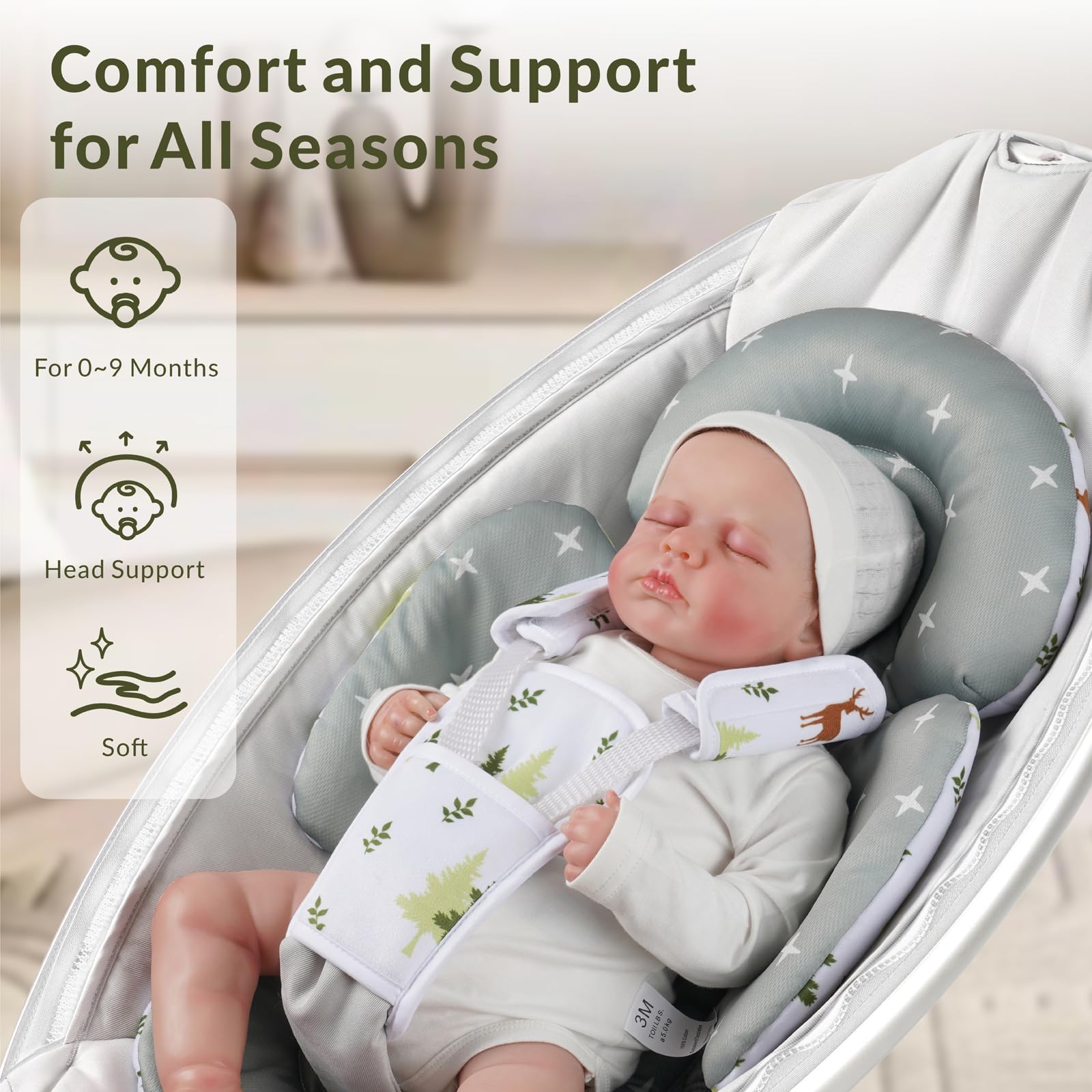 Infant Insert for 4moms Mamaroo Swing & Graco Swing - Newborn Head and Body Support Pillow - Reversible Breathable Baby Car Seat Insert - Soft Fabric Cushion (Green Forest) - Perfect for Newborns 0-6 Months in Swings and Car Seats