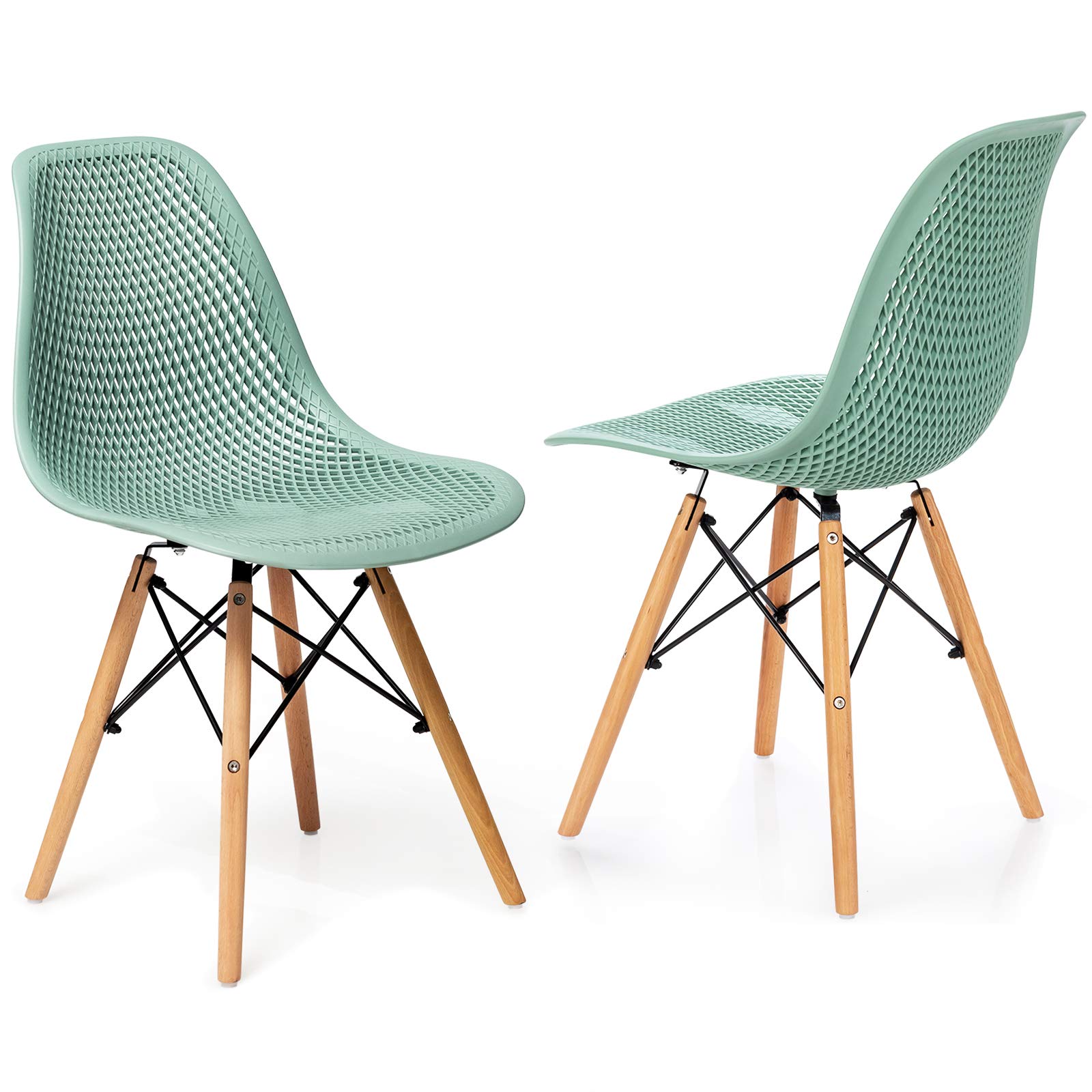Giantex Set of 2 Modern Dining Chairs - Indoor/Outdoor Shell PP Lounge Side Chairs with Mesh Design & Beech Wood Legs - Tulip Leisure Chairs for Kitchen, Dining Room, Patio, Garden - Green (Perfect for Home, Restaurant, Cafe)