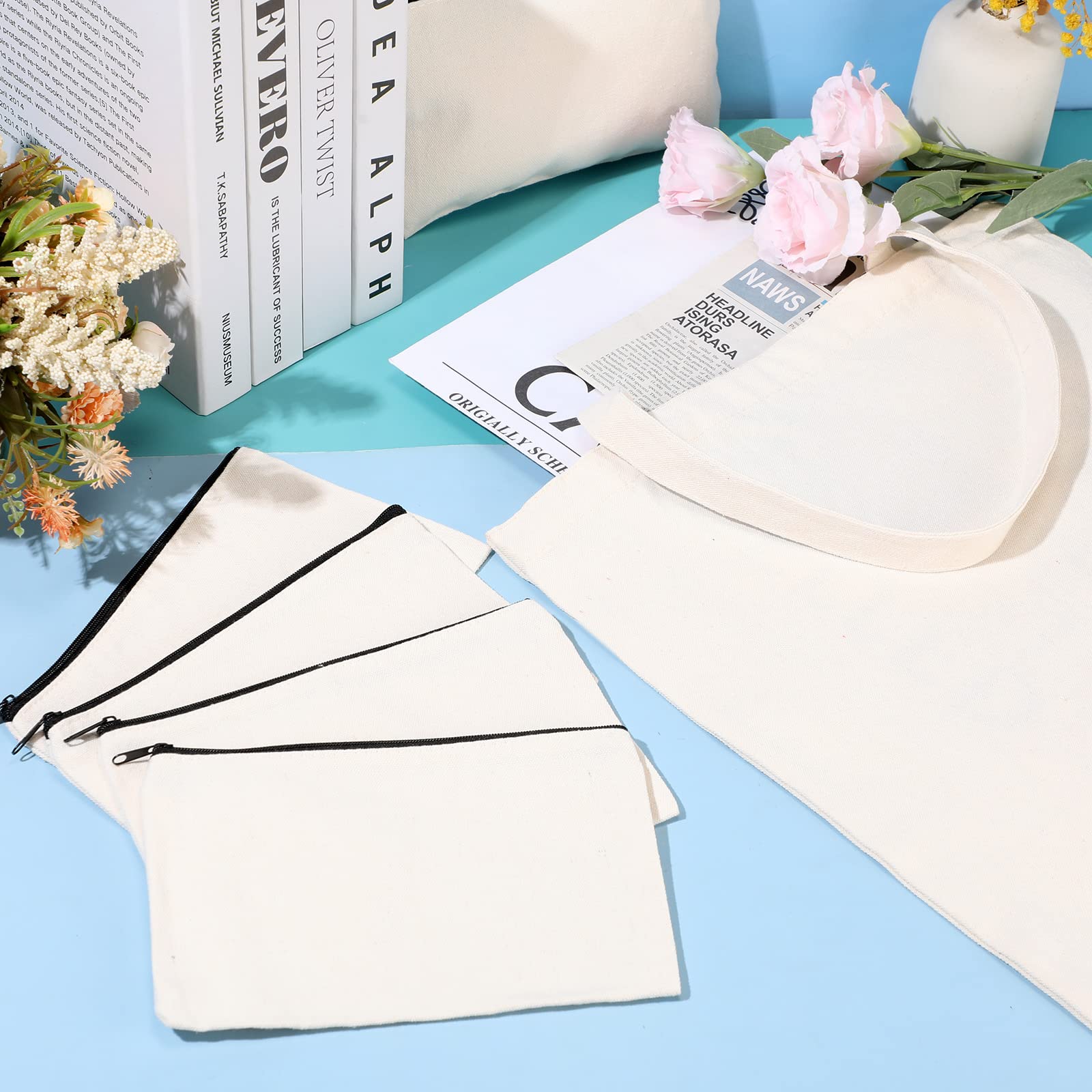 Silkfly 32 Pcs DIY Canvas Tote Bags with Inner Pockets - Reusable Bulk Cosmetic Zipper Makeup Pouches for Gifts (Beige) | Perfect for Travel, Shopping & Organizing Beauty Essentials