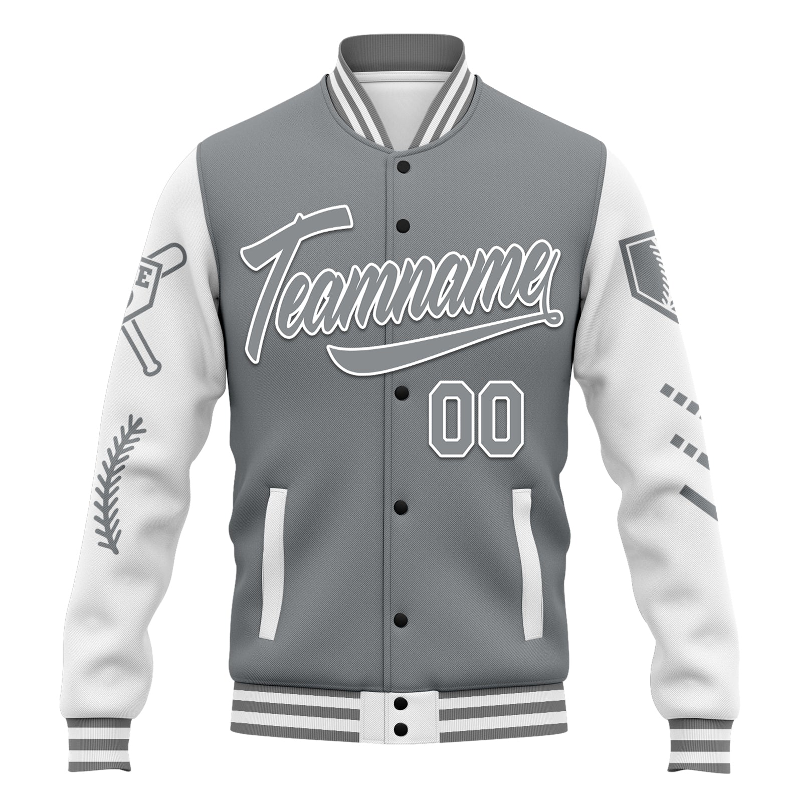 Custom Gray & White Raglan Sleeves Bomber Jacket - Personalized Varsity Letterman Jacket with Full Snap Closure (FZ005 D023002) - Perfect for School Sports, Team Events & Casual Streetwear Fashion