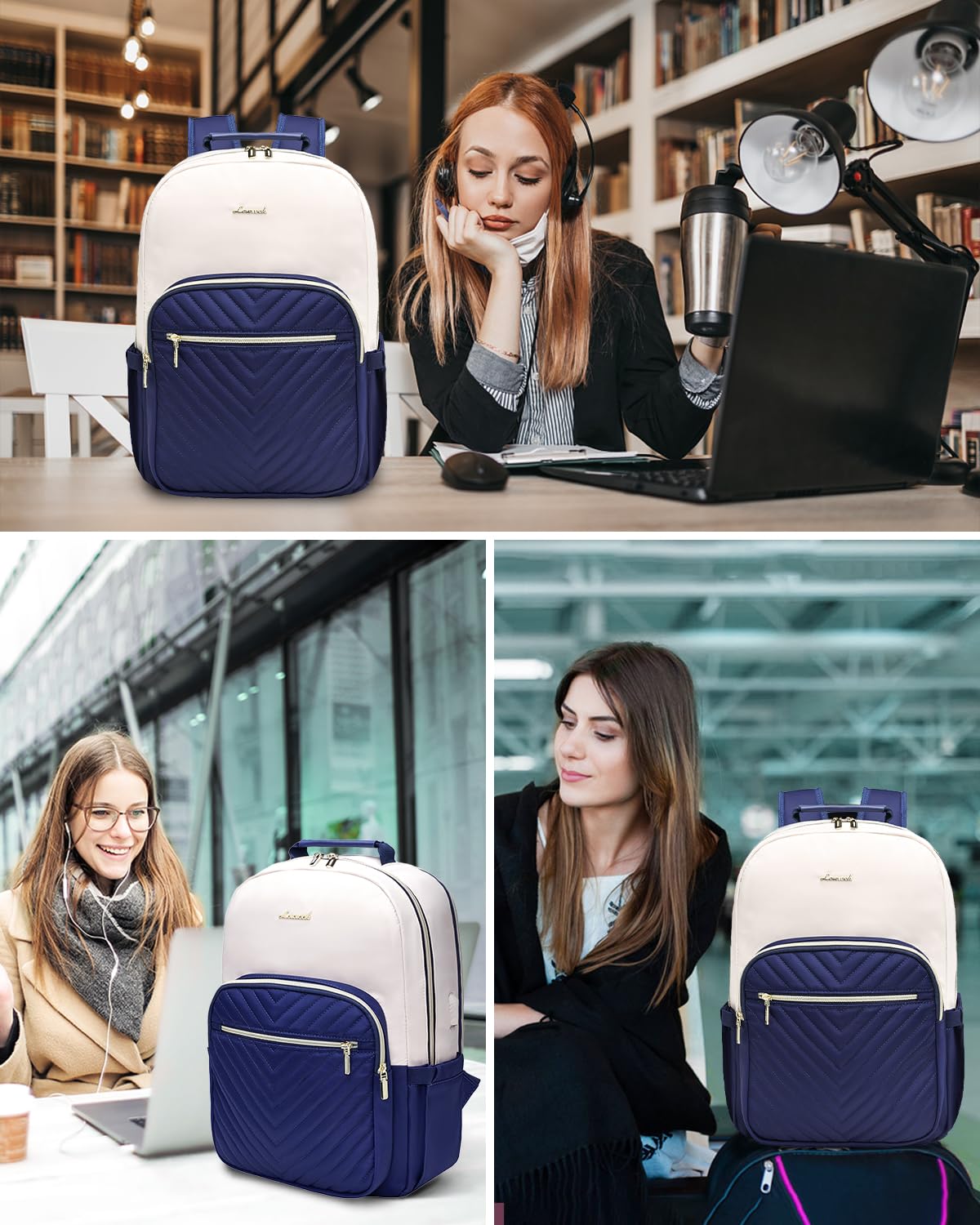 LOVEVOOK Women's 15.6 Inch Laptop Backpack - Stylish Travel & Work Bag, Aesthetic University & Nurse Backpack, College & Sport Daypack, Deep Blue-Beige, Perfect for Commuting, Campus & Business Trips