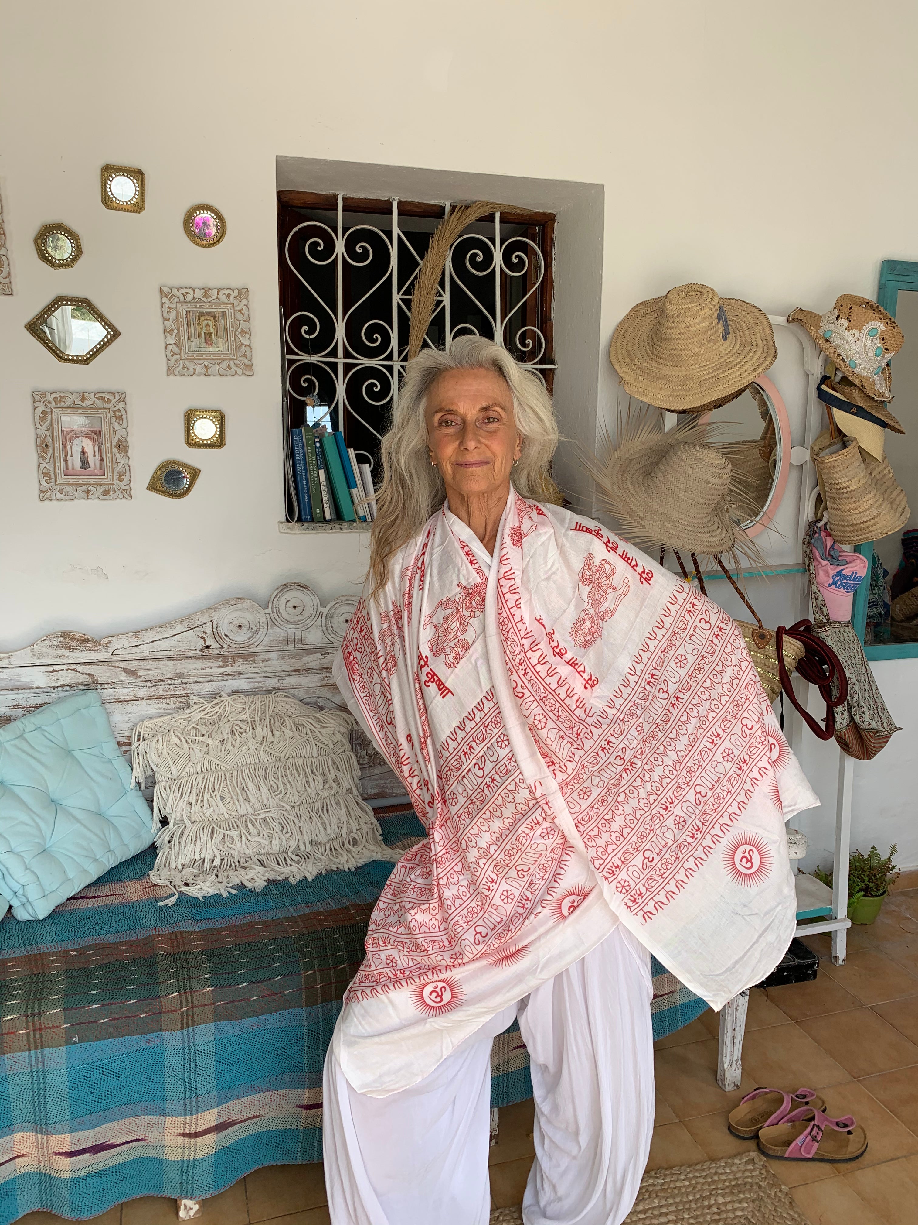 Large Om Sarong Pareo Shawl - White and Red Boho Beach Cover-Up for Women | Perfect for Ibiza, Poolside, Yoga & Summer Vacations