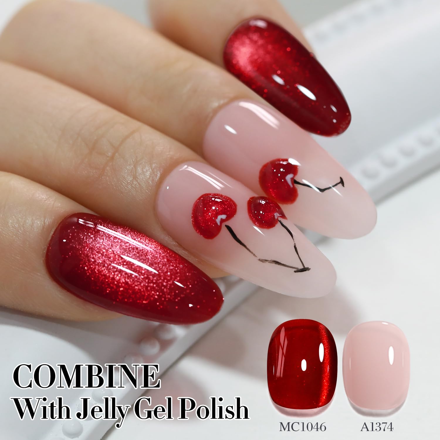 Double Rhythm 0.5 OZ Magnetic Cat Eye Gel Nail Polish - 15ML Holographic Glitter Shimmer Translucent Jelly Nail Lacquer (Blood Red MC1046) for Salon & DIY Home Manicure - Perfect for Parties, Weddings & Special Occasions