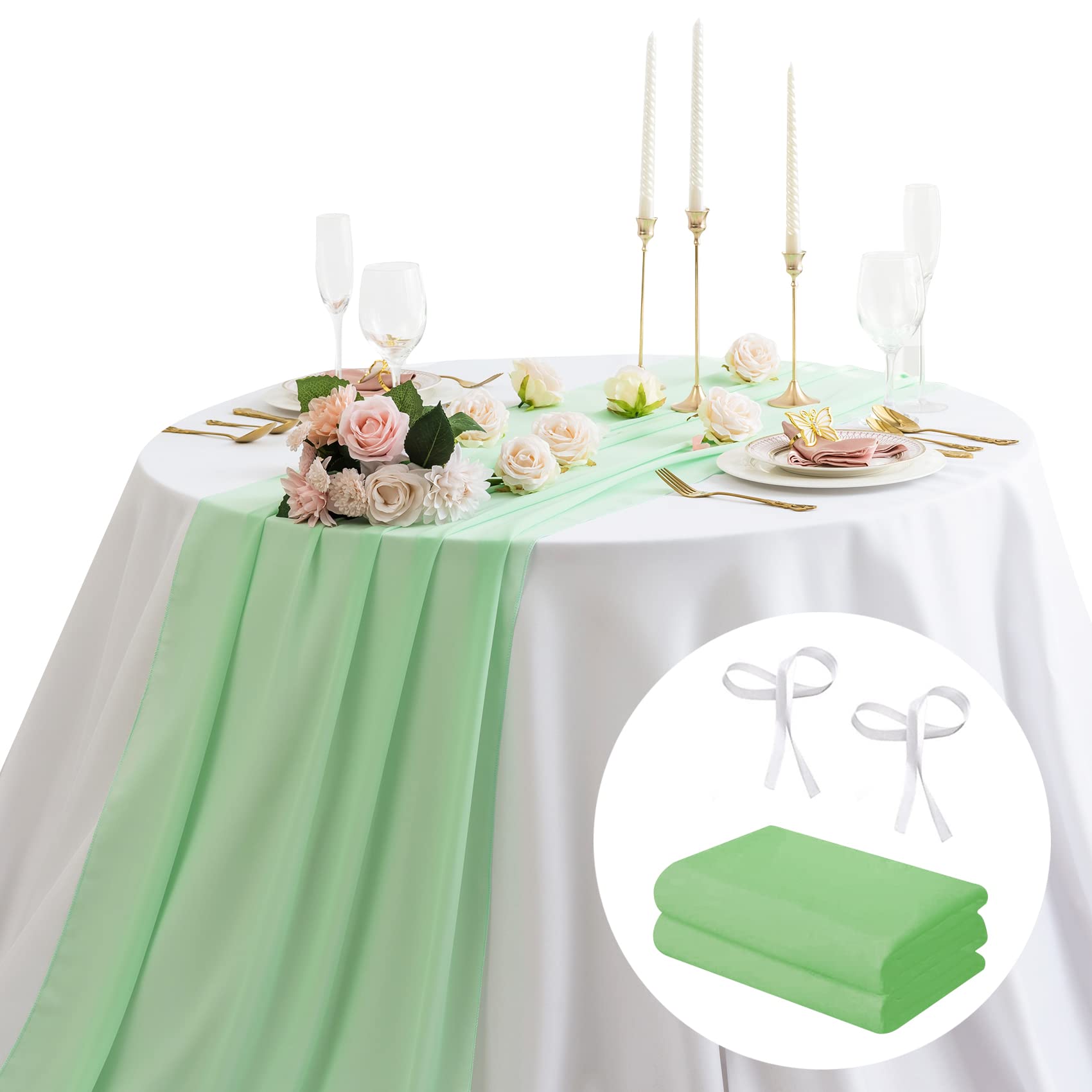 AILITI 2-Pack Chiffon Table Runner 29x120 Inches - Elegant Gauze Table Decor for Wedding, Bridal Shower, Baby Shower & Birthday Party - Rustic Sheer Table Cover for Romantic Events & Cake Tables (Mint Green)