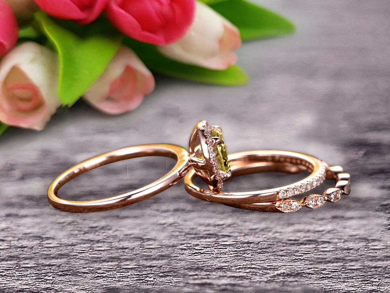 1.75 Carat Round Cut Champagne Diamond Moissanite Wedding Ring Set in 10k Rose Gold - Art Deco Trio Bridal Set with Matching Band, Perfect for Engagement, Anniversary & Special Occasions