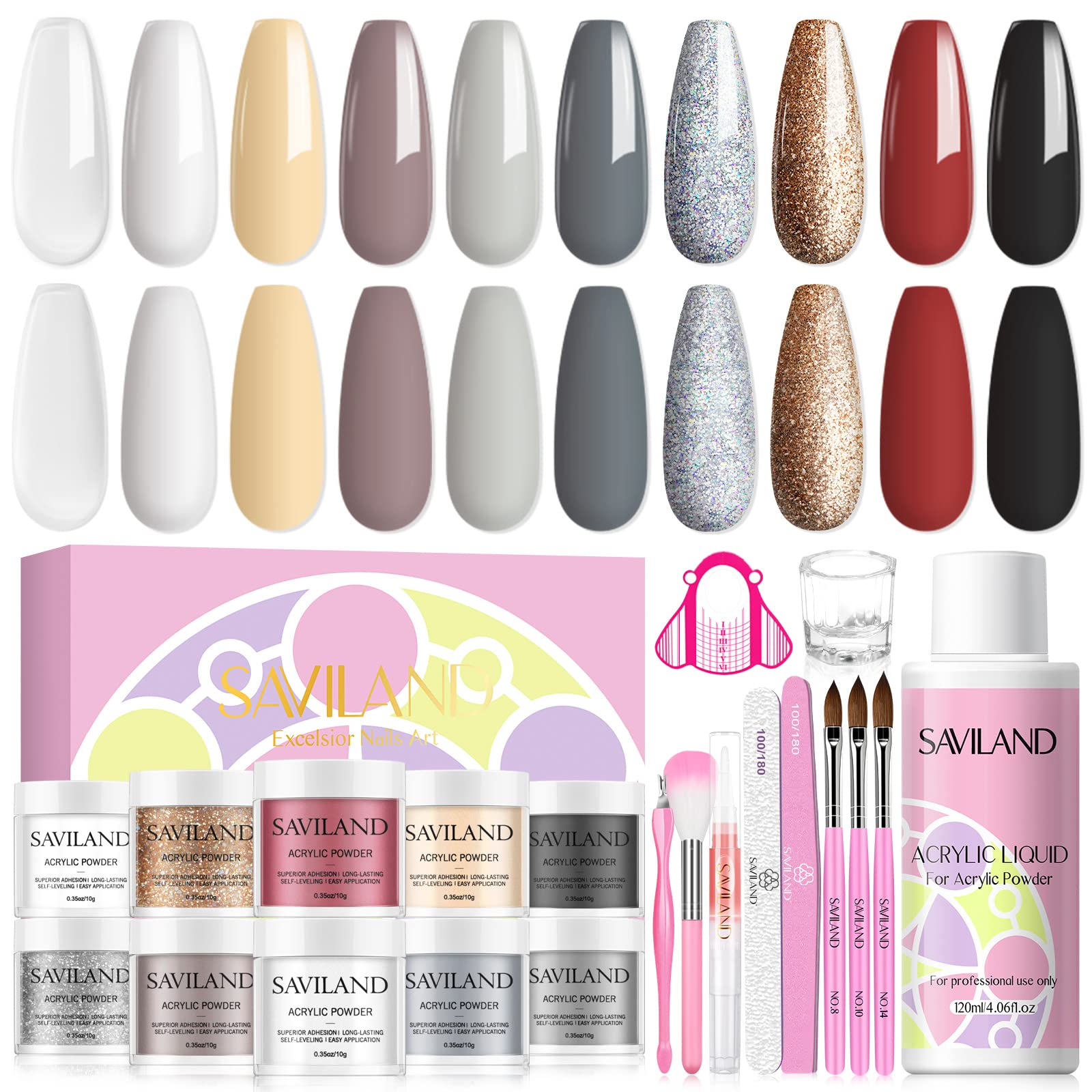 Saviland 10 Colors Acrylic Nail Kit with Glitter Powder, Liquid, Brushes & Dappen Dish - Professional Nail Extension & Carving Tools for Salon & Home Manicure | Perfect for DIY Nail Art, Acrylic Nail Designs & Nail Enhancements