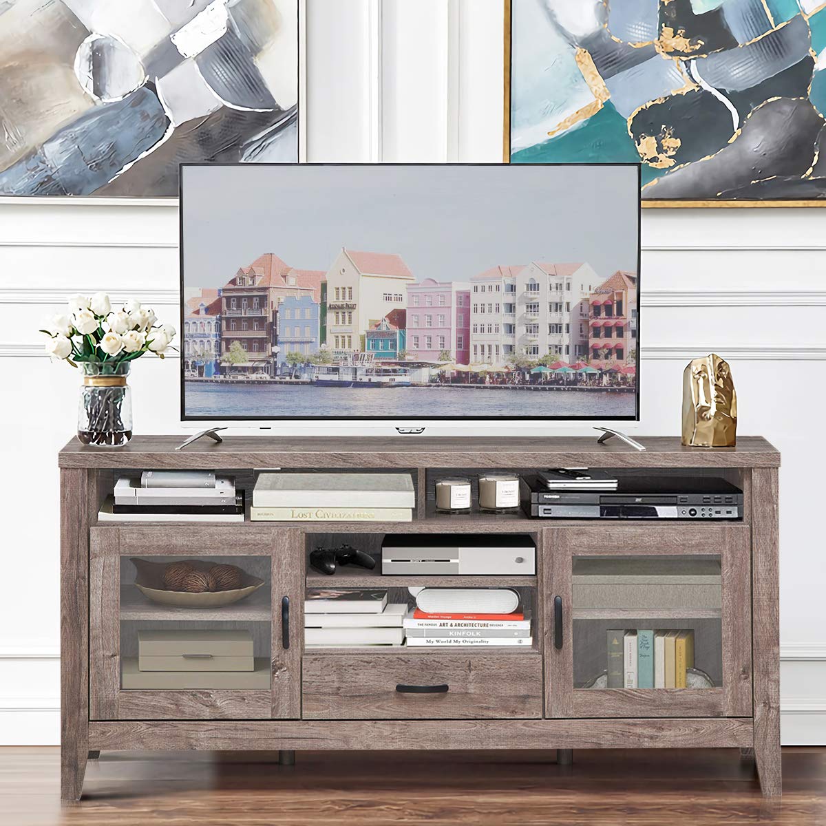 LUARANE 65 Inch TV Stand with Storage - Modern Entertainment Center for Living Room, 4 Open Shelves, 2 Glass Door Cabinets & 1 Drawer, Sturdy 6-Leg Design for TVs up to 65