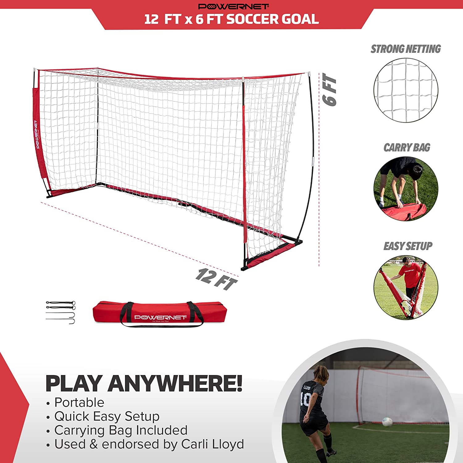 PowerNet Soccer Goal 12 x 6 Feet - Portable & Durable Soccer Net for Training, Backyard & Youth Games - Perfect for Practice, Matches & Outdoor Sports Activities